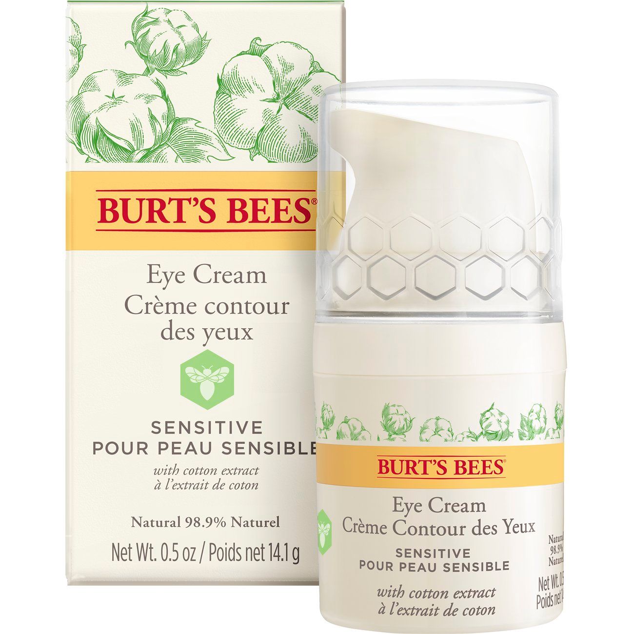 Cremebehälter und Schachtel. Aufschrift: BURT'S BEES Eye Cream. Für empfindliche Haut. Mit Baumwollextrakt. Natur 98,9%.