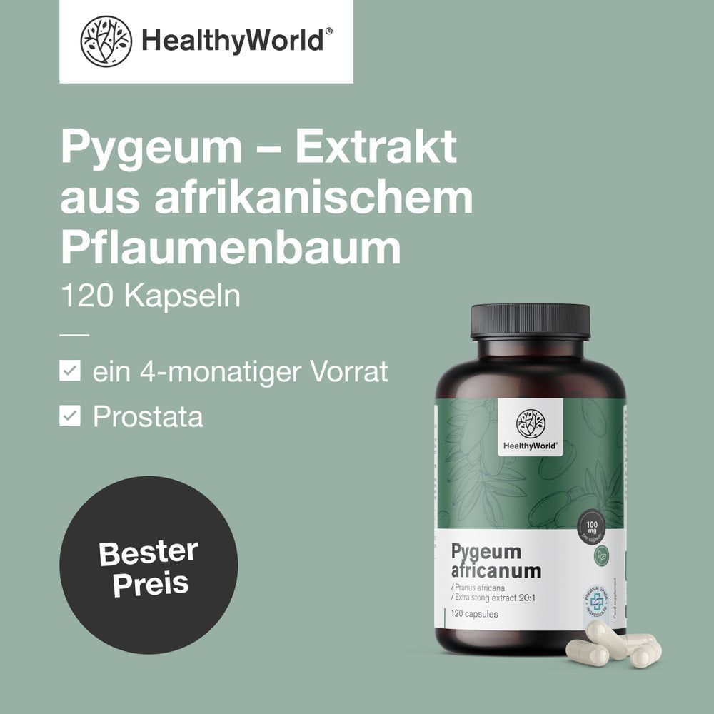 Produktflasche mit Kapseln. Aufschrift: Pygeum africanum, 120 Kapseln. Marke: HealthyWorld. Text: 4-Monats-Vorrat, Prostata.