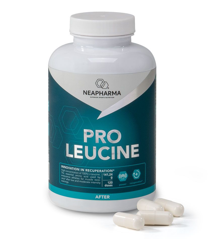 Neapharma Pro Leucine Kapselbehälter mit zwei Kapseln daneben.