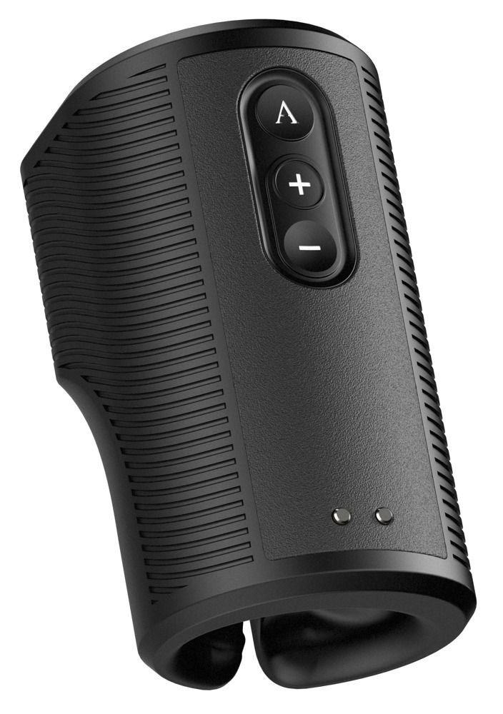Schwarzes Gerät mit Bedienknöpfen. Zwei LEDs. Geriffelte Oberfläche. Abgerundete Form.