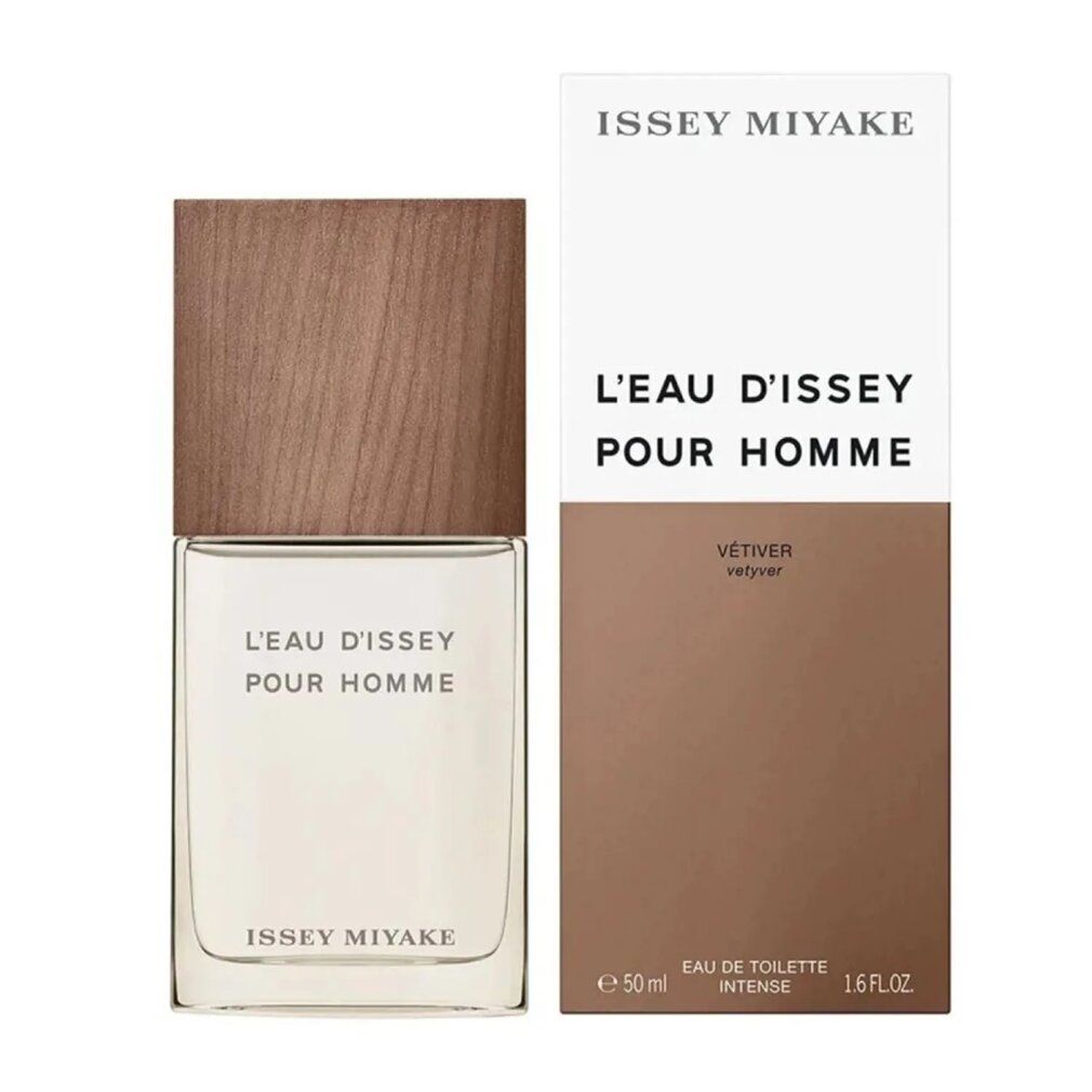 Flakon und Verpackung. Aufschrift: L'EAU D'ISSEY POUR HOMME, Vétiver, ISSEY MIYAKE. Verpackung: 50 ml.