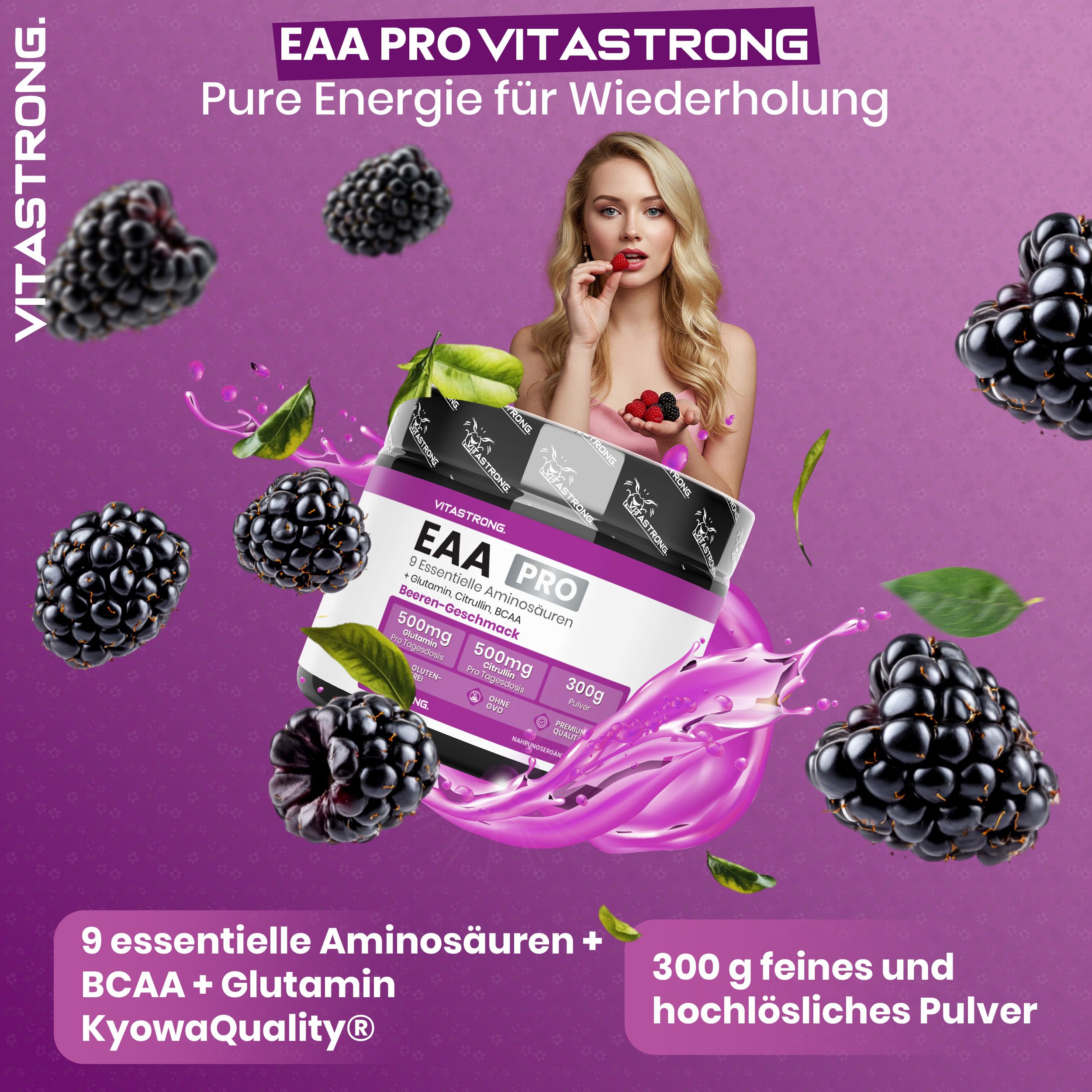 Vitastrong EAA Pro, Dose. 300g Pulver. 9 essentielle Aminosäuren. Beeren-Geschmack. Glutenfrei, ohne GMO. Mit BCAA.