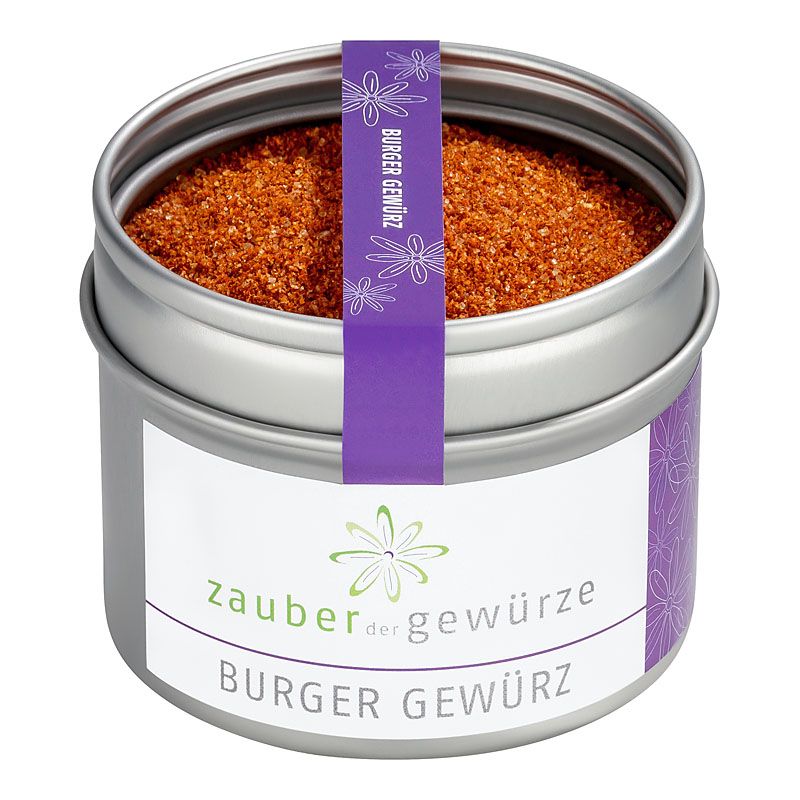 Runde Dose mit Burger Gewürz. Weißes Etikett mit Logo und Schriftzug. Lila Band mit Schriftzug 'Burger Gewürz'.