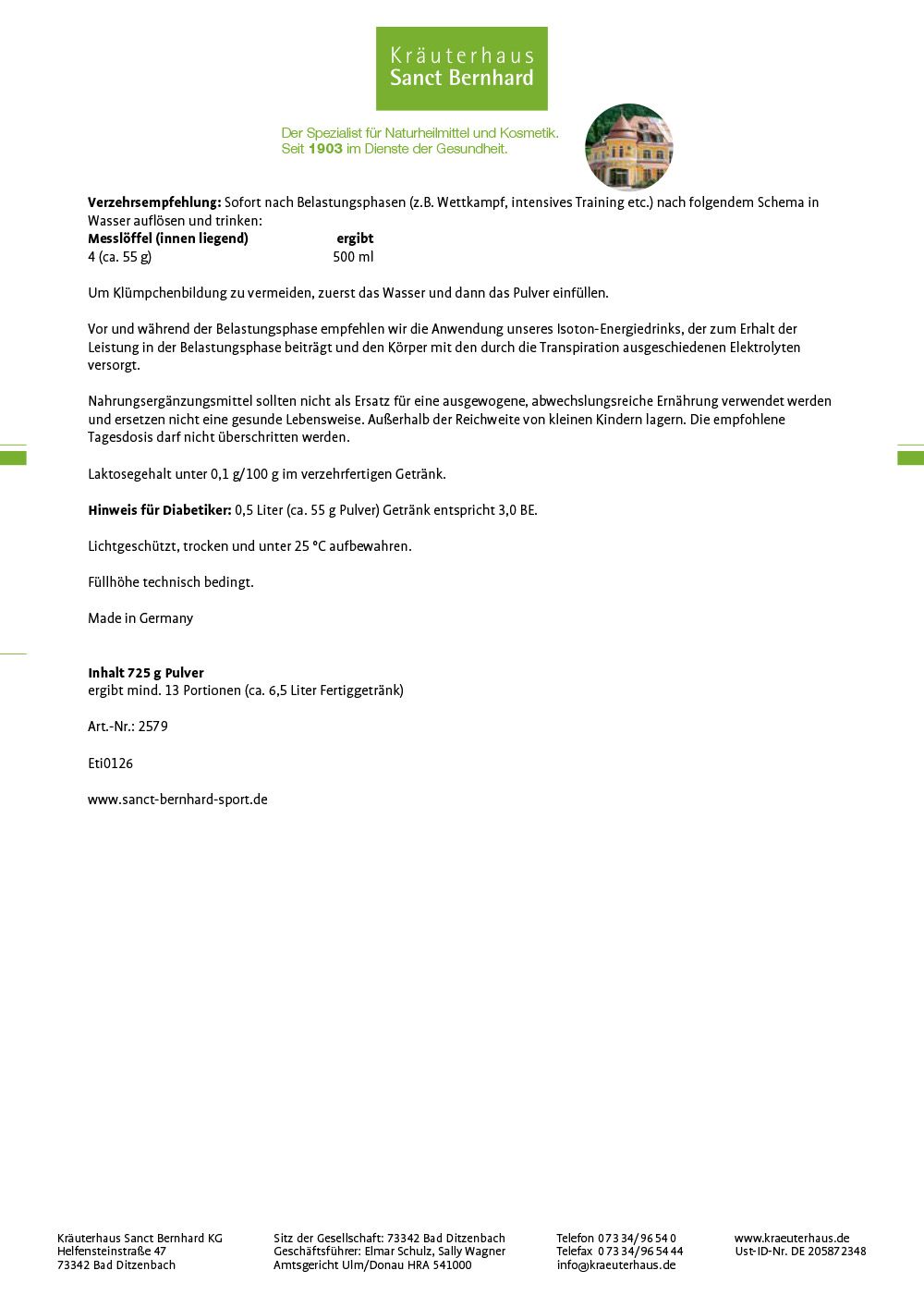 Produktinformationen zu Sanct Bernhard Sport Protein Regenerationsturbo. Text mit Verzehrempfehlung, Inhaltsangabe und Lagerhinweisen. Hintergrund: weiß.