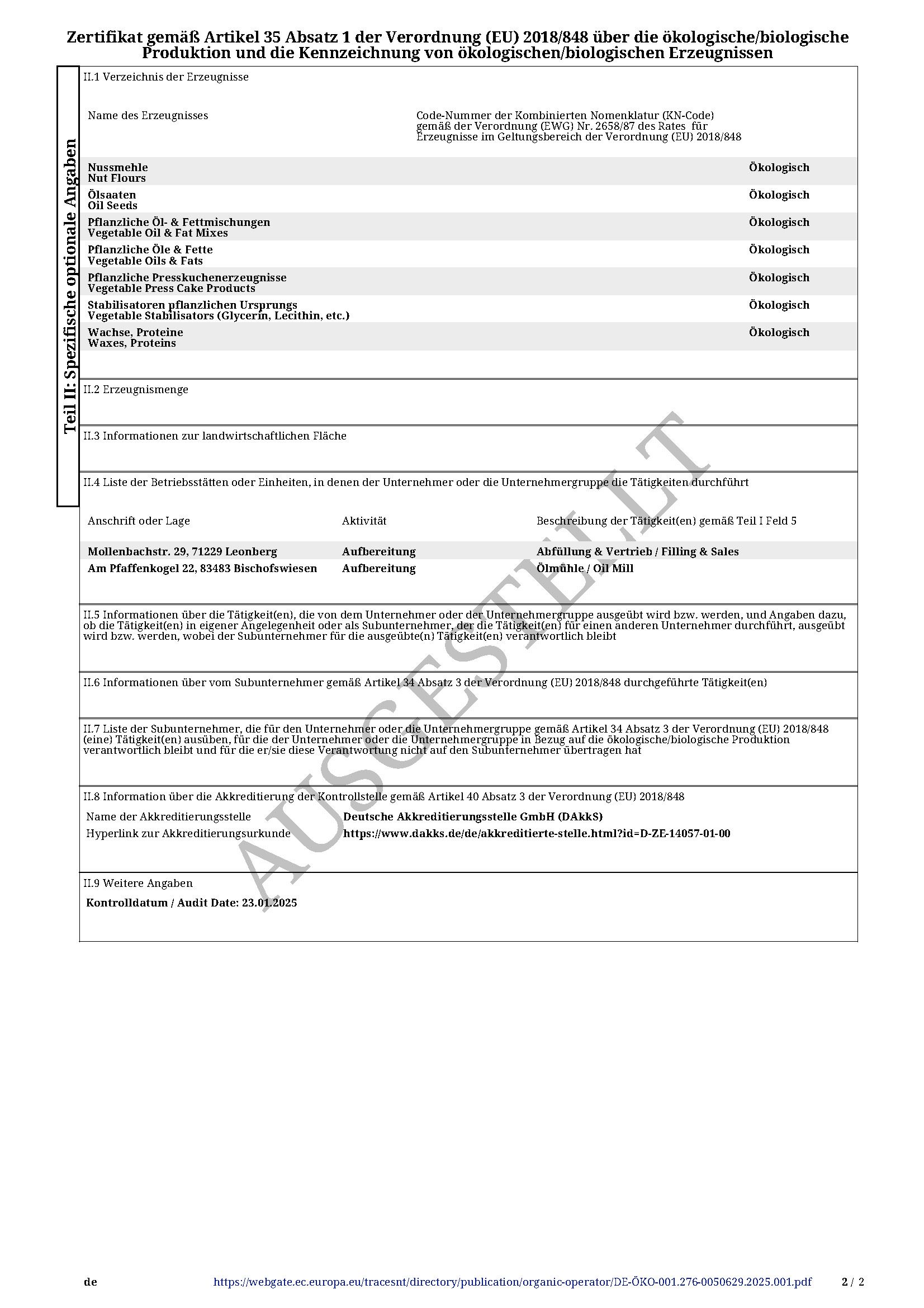 Tabelle mit Informationen über ökologische/biologische Produktions- und Kennzeichnungserzeugnisse.