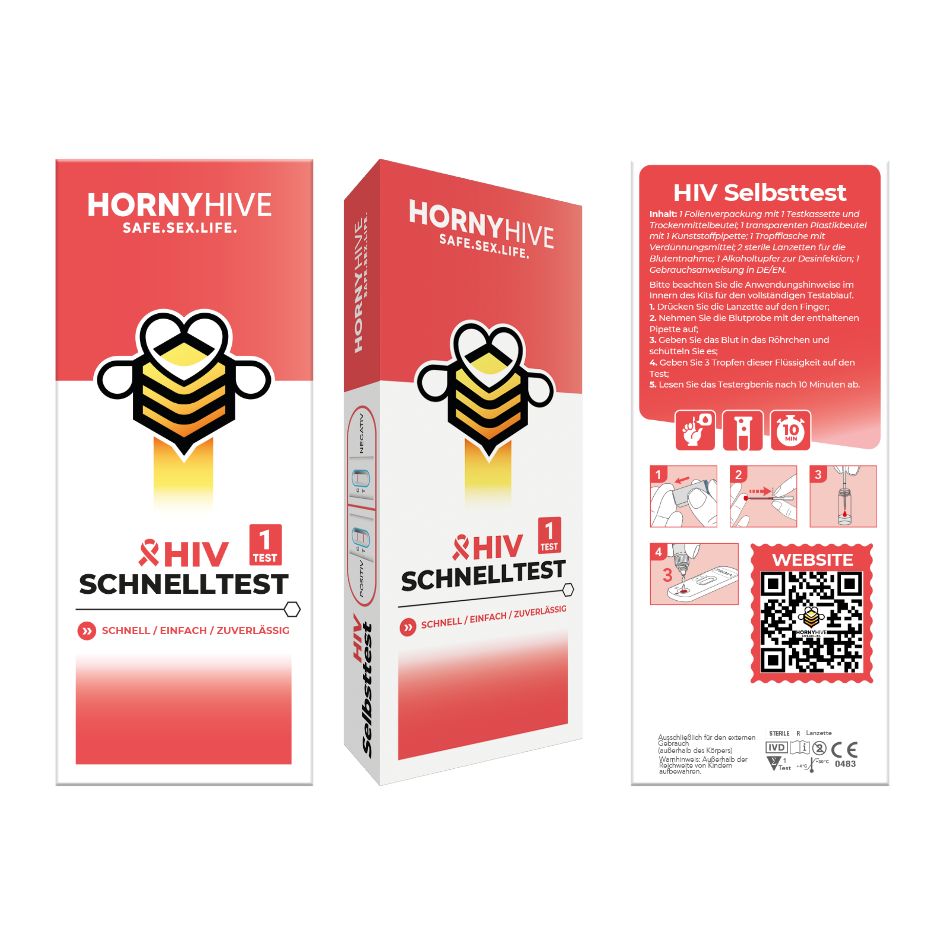 Drei HIV-Schnelltest-Verpackungen. Rote und weiße Verpackungen mit Logo und Text. Enthält das Wort 'HIV' und 'Schnelltest'.