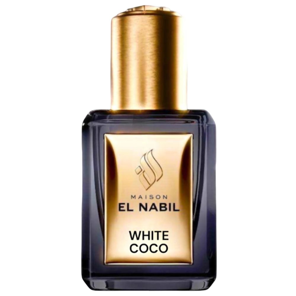Dunkelblaue Flasche mit goldfarbenem Verschluss. Auf dem Etikett: Maison El Nabil, White Coco. Parfümextrakt.