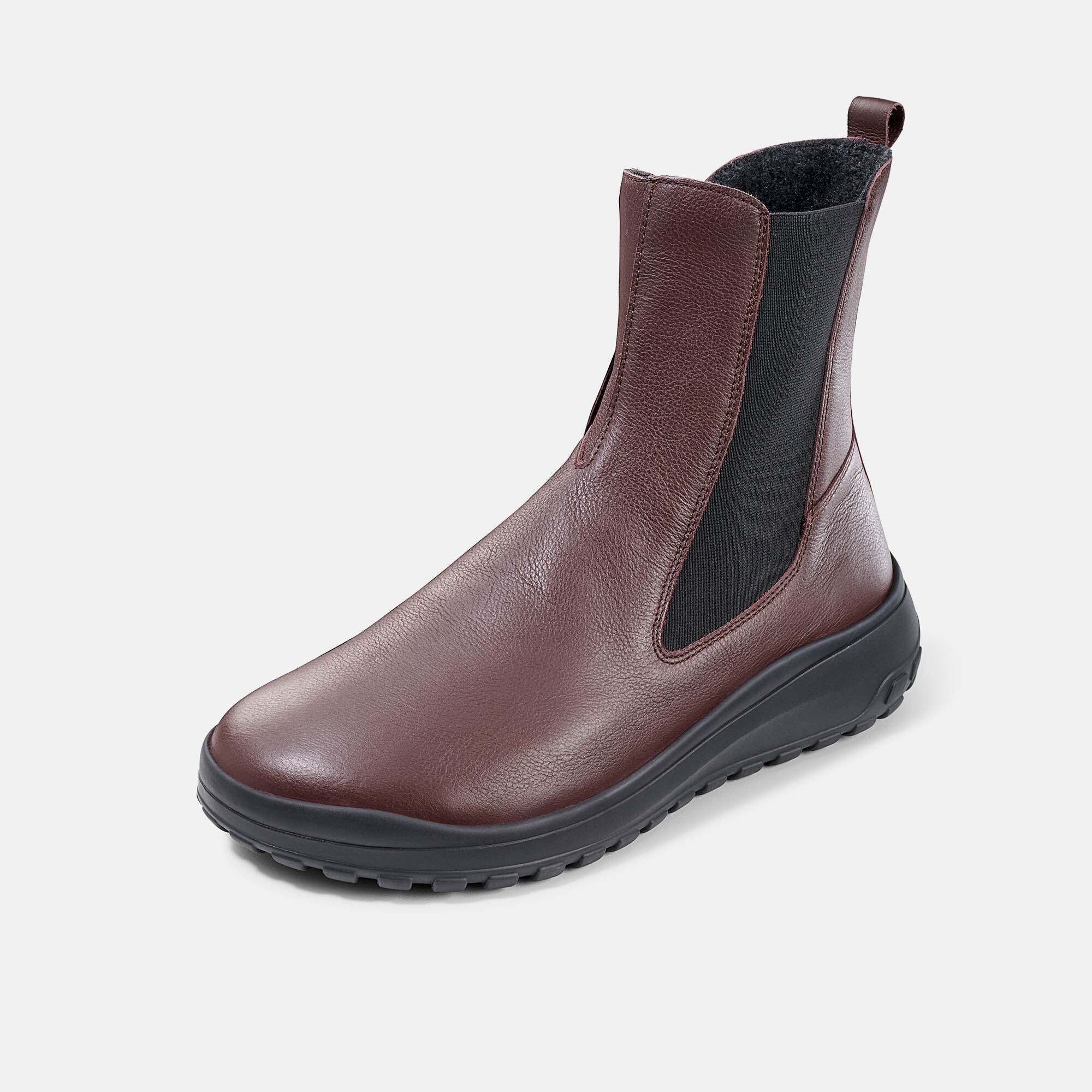 Dunkelbraune Leder-Stiefelette mit seitlichem Elastikeinsatz und Profilsohle.