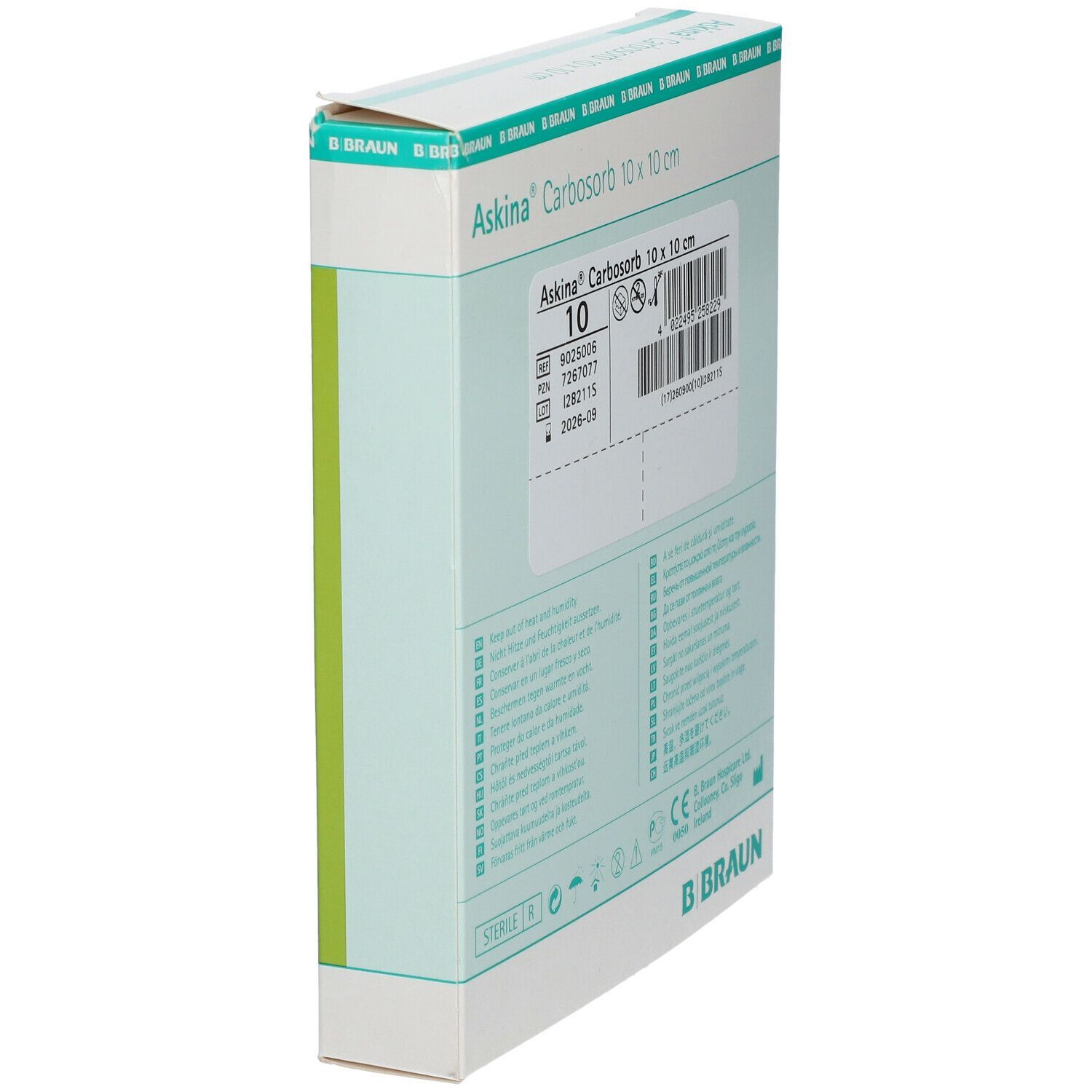 Verpackung von Askina Carbosorb 10 x 10 cm. Weißer Karton mit Produktbezeichnung und B. Braun Logo. Ansicht von der Seite.