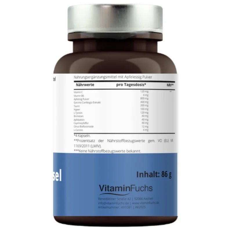 Rückseite der Flasche. Enthält Nährwertangaben, Inhaltsstoffe und Informationen zum Hersteller. Marke VitaminFuchs.