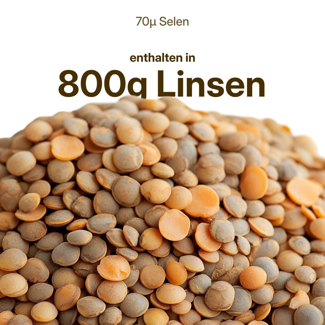 Nahaufnahme von Linsen. Text: "70μ Selen enthalten in 800g Linsen".