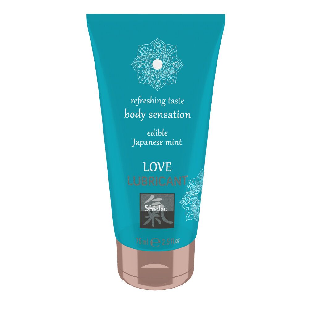 Türkisfarbene Tube mit weißer Schrift. Aufschrift: LOVE LUBRICANT, Japanese Mint. Marke: Shiatsu. Inhalt: 75 ml.