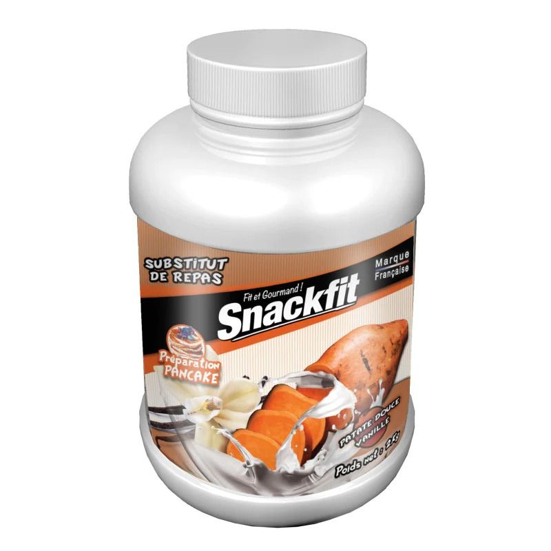 Weißes Snackfit-Behälter mit braunem Etikett. Aufschrift: ISO-Whey + Patate Douce. Französische Marke.