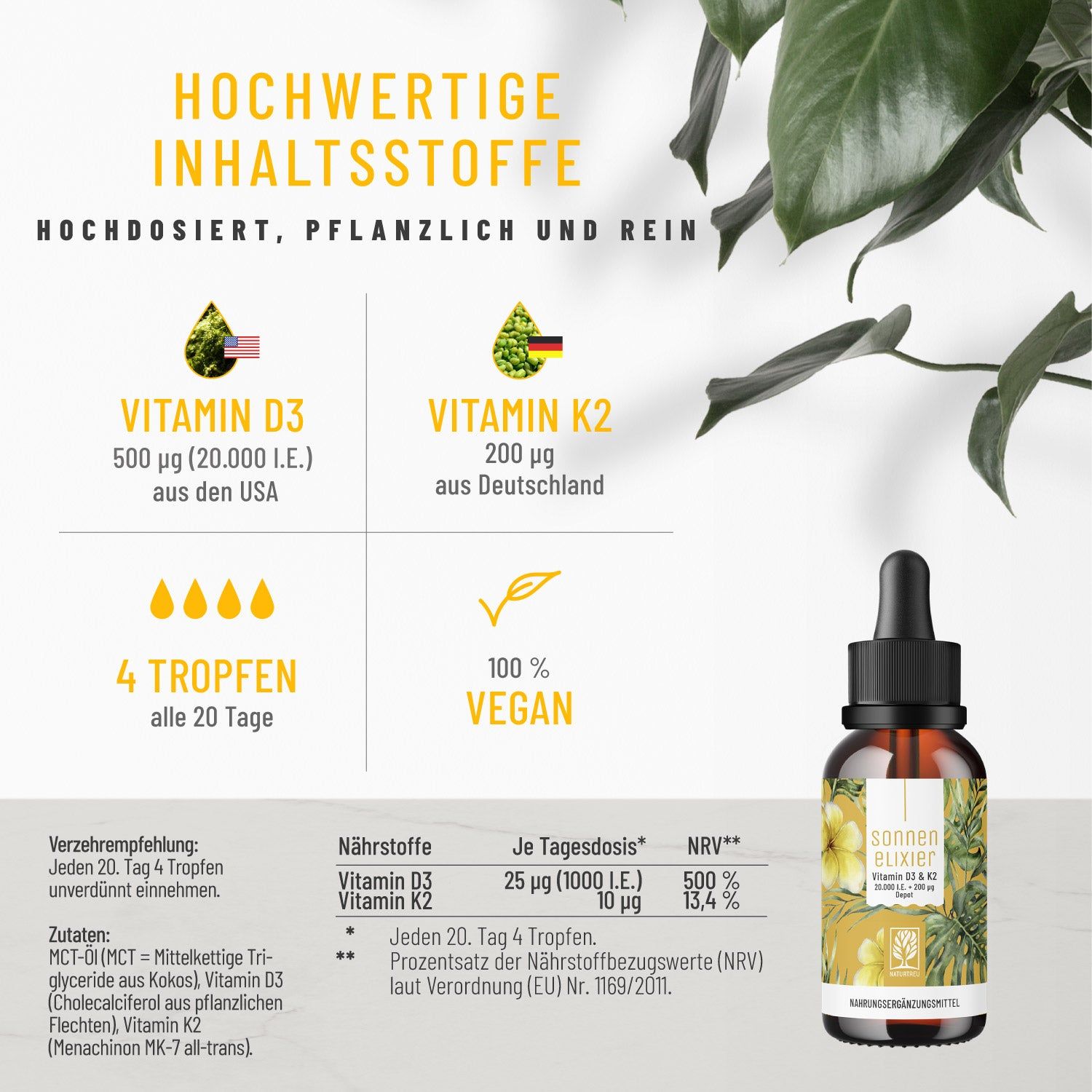 Infografik mit Informationen zu Vitamin D3 und K2. Enthält Angaben zu Dosierung, Inhaltsstoffen und veganer Zertifizierung.