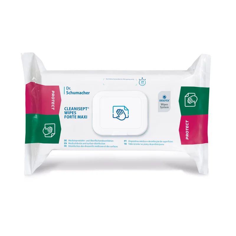 Verpackung mit Desinfektionstüchern. Marke Dr. Schumacher, Produktname Cleanisept Wipes Forte Maxi. Weiße Verpackung mit roter und grüner Akzentfarbe.