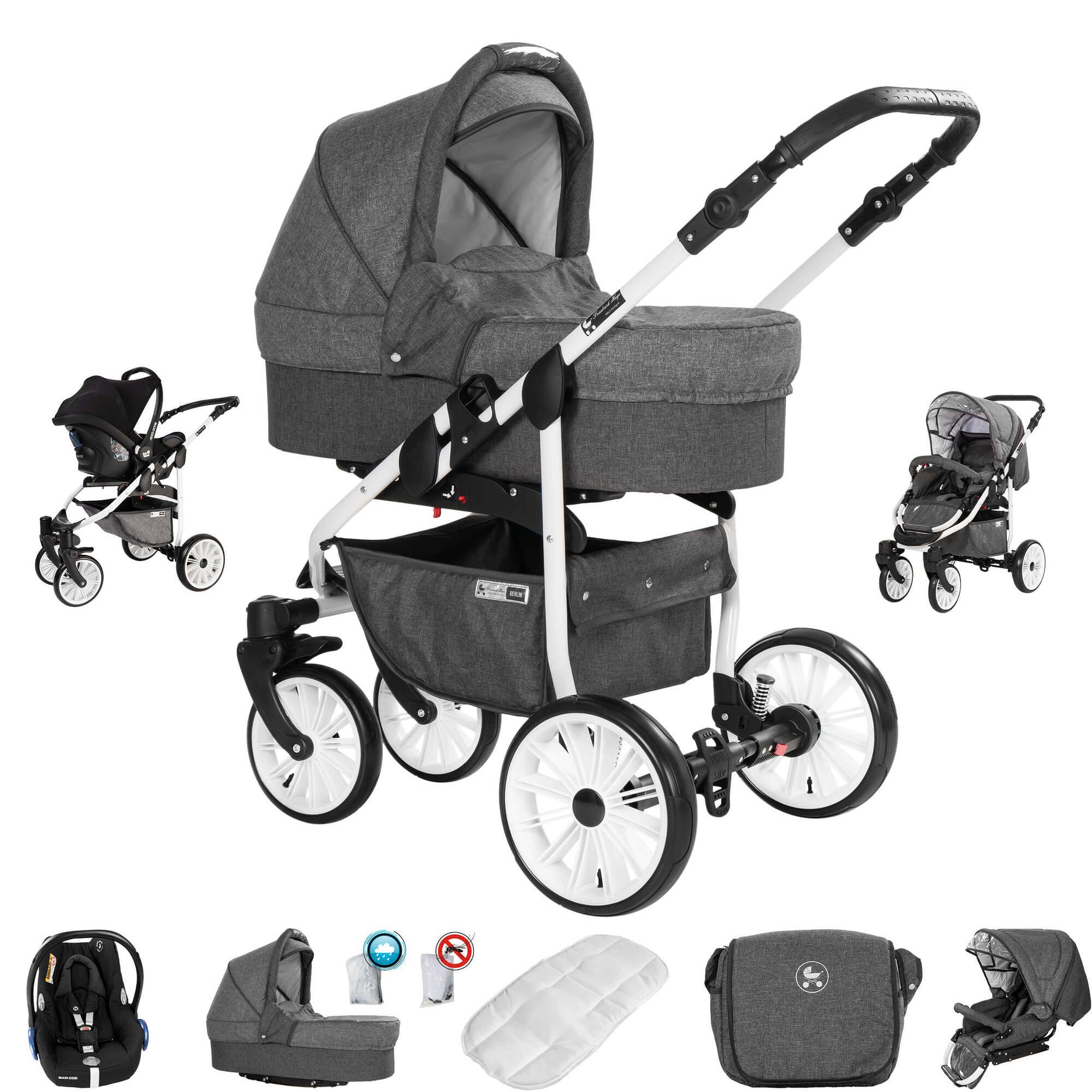 Friedrich Hugo Berlin 3 in 1 Kinderwagen mit Original Maxi Cosi, Gel Dark Grey and Grey Day