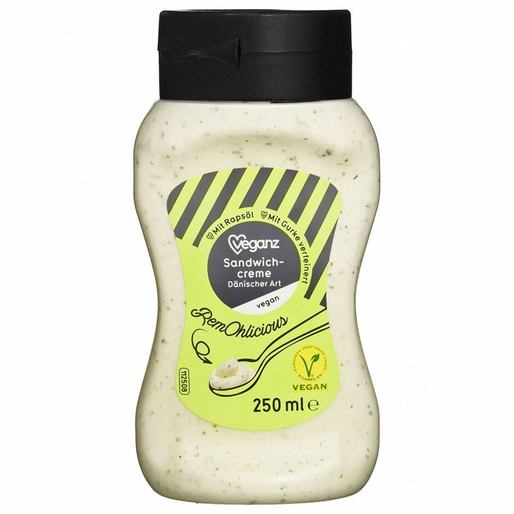 Veganz Sandwichcreme Dänische Art in Flasche. Cremige, helle Sauce mit schwarzem Deckel. Vegan-Logo.