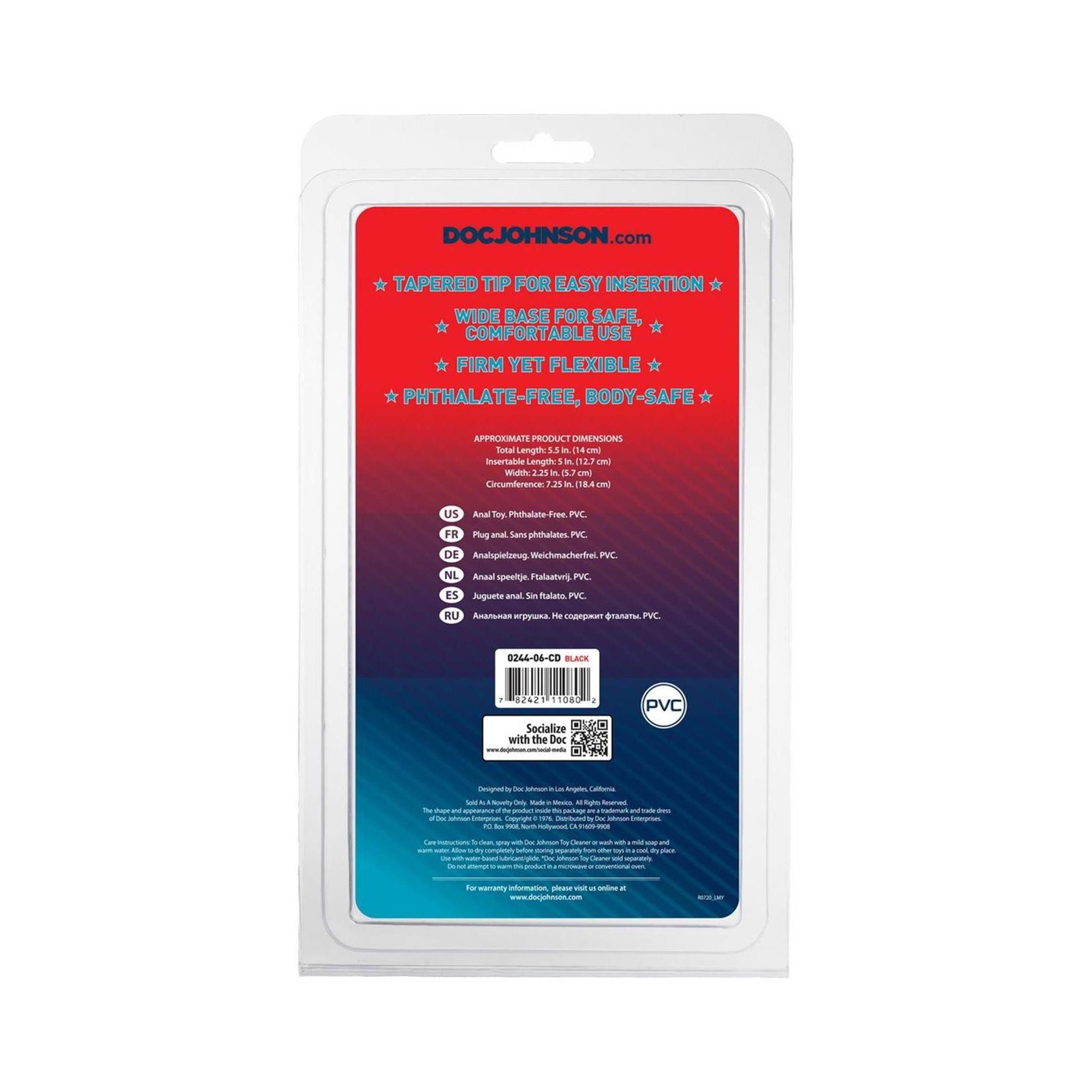 Rückseite der Verpackung. Text: "Tapered Tip for Easy Insertion", "Phthalate-Free". Enthält Produktinformationen und QR-Code.