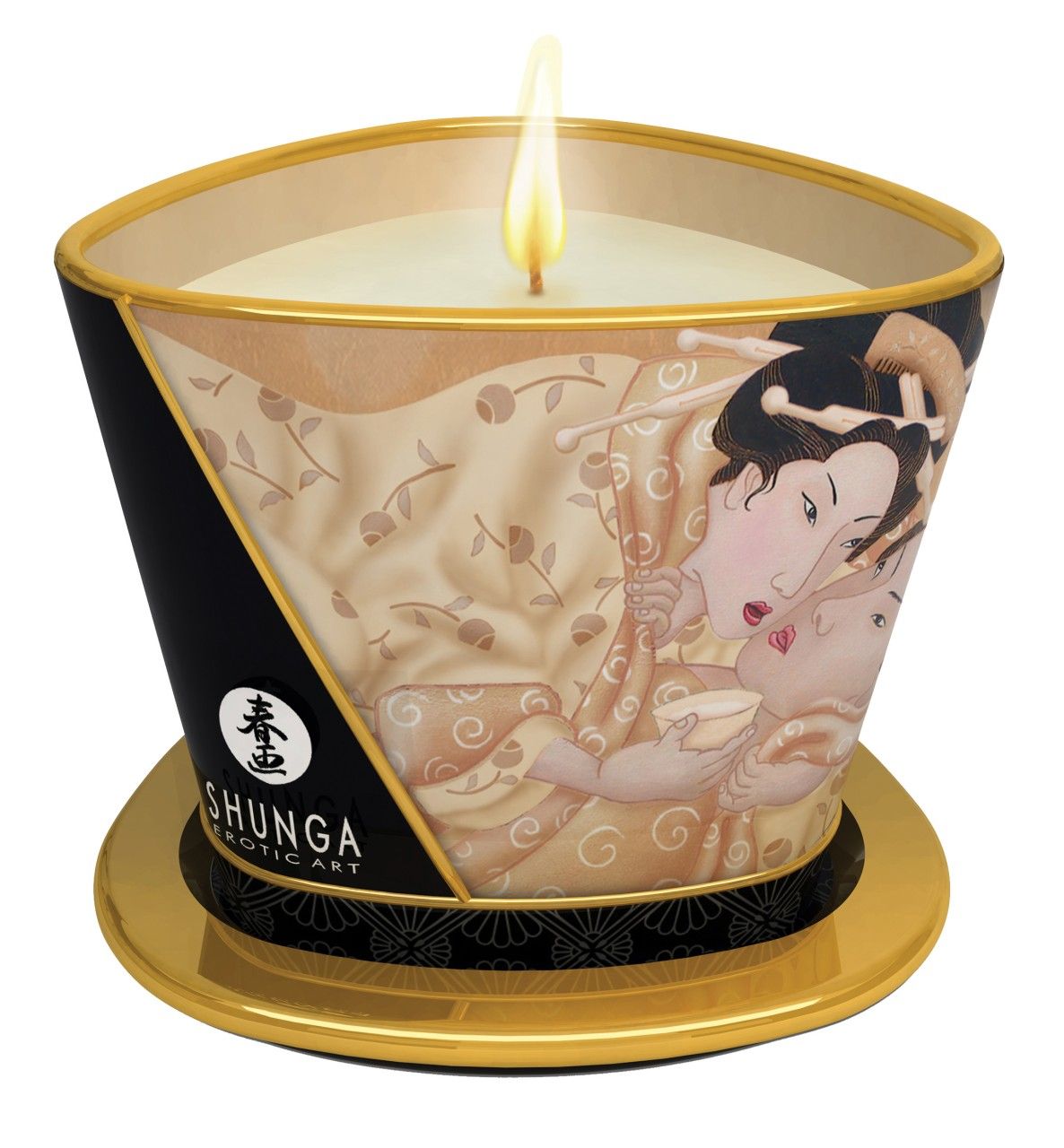 Brennende Kerze in einem Behälter. Schwarzer Behälter mit goldenem Rand. Logo und Abbildung von Figuren. "Shunga Exotic Art".