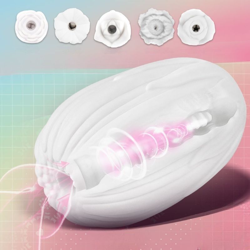 Weißer Masturbator mit sichtbarem Innenleben. Rosa Lichteffekt. Oben sechs verschiedene Oberflächenstrukturen.