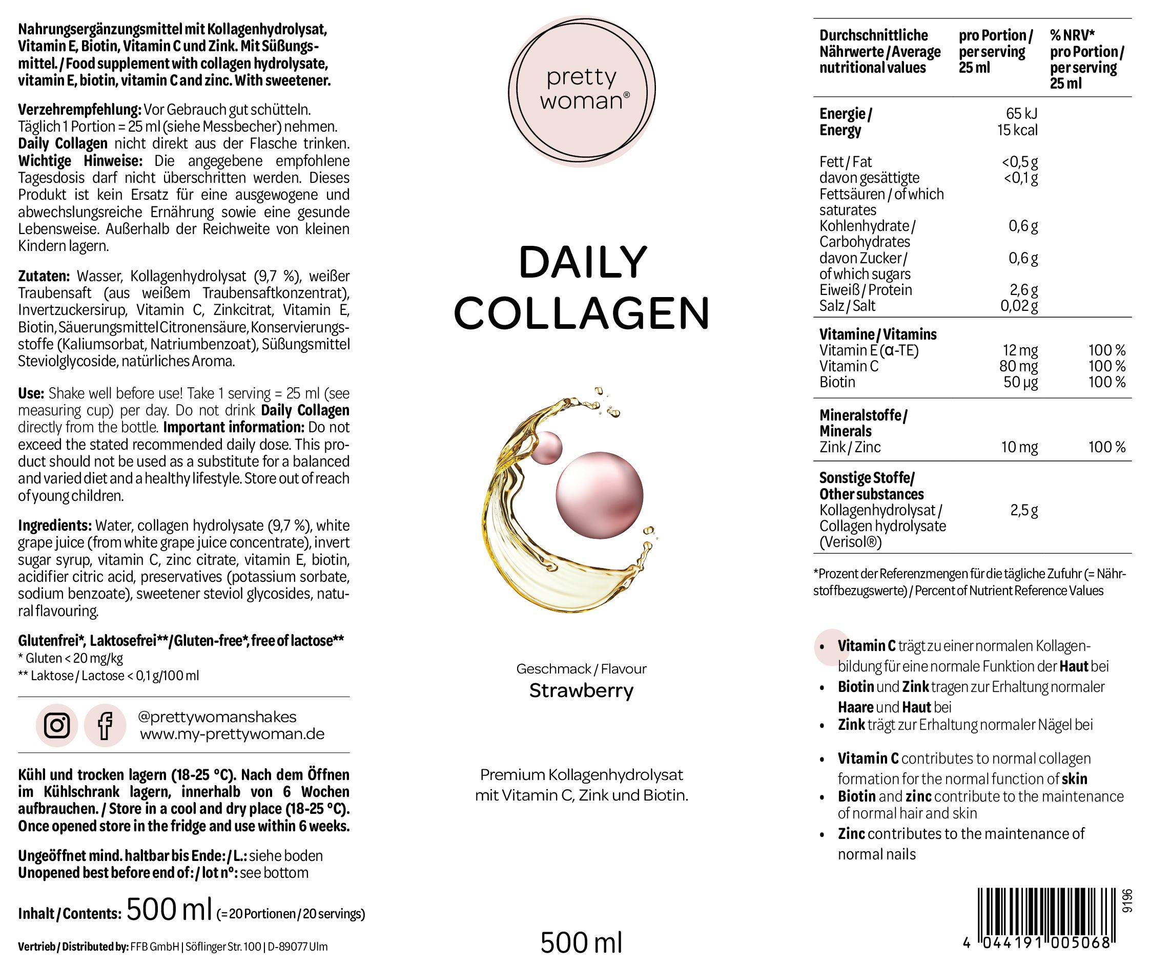 Rückseite der Flasche "DAILY COLLAGEN". Text: Nährwertangaben, Inhaltsstoffe, Verzehrempfehlung. 500 ml. Erdbeer-Geschmack.
