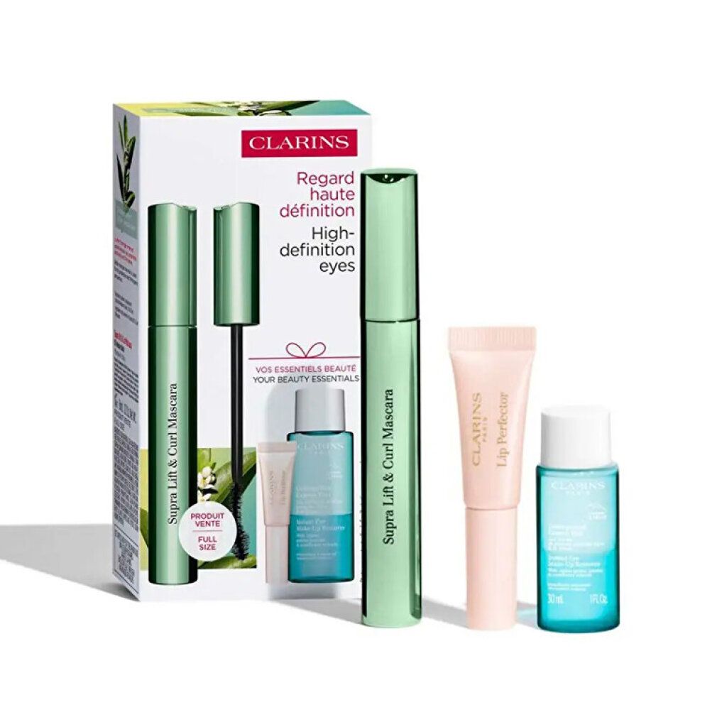 Geschenkset mit Mascara, Augen-Make-up-Entferner und Lippen-Perfektor. Grüne Mascara-Tuben und rosa Lippenpflege. Verpackung mit Schriftzug.