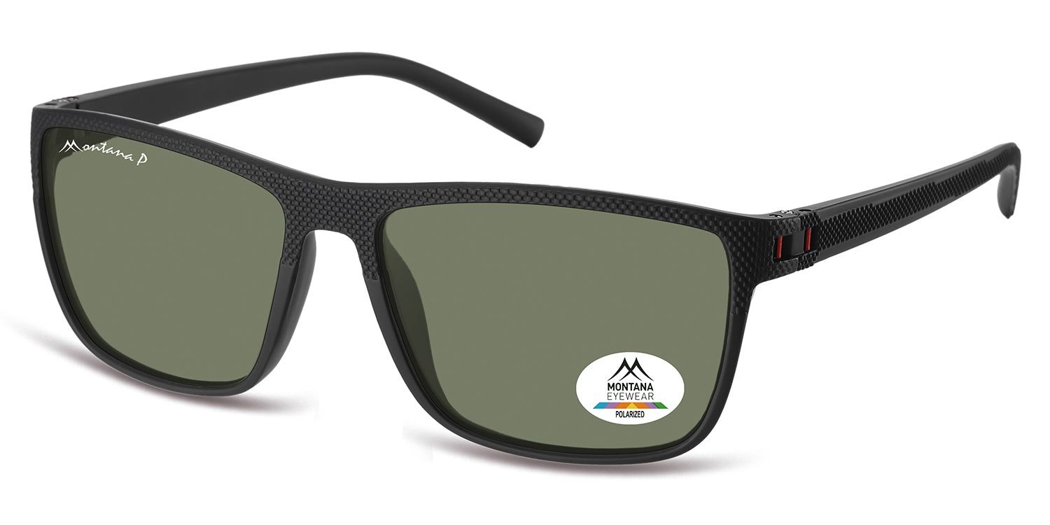 Sonnenbrille, schwarzer Rahmen, rechteckige Gläser. Logo 'Montana Eyewear' am Bügel. Aufkleber 'Polarized'.
