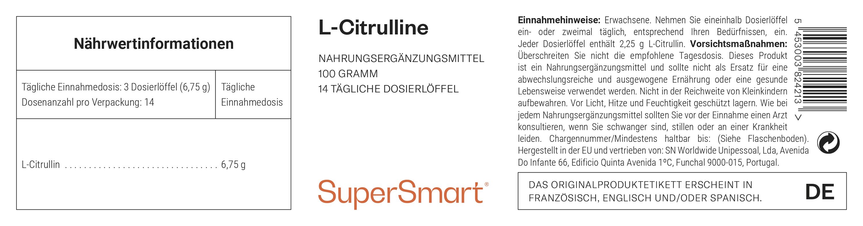 Etikett mit Nährwertinformationen für L-Citrullin. 100 Gramm, 14 Tagesportionen. Marke SuperSmart. Mit DE-Kennzeichnung.