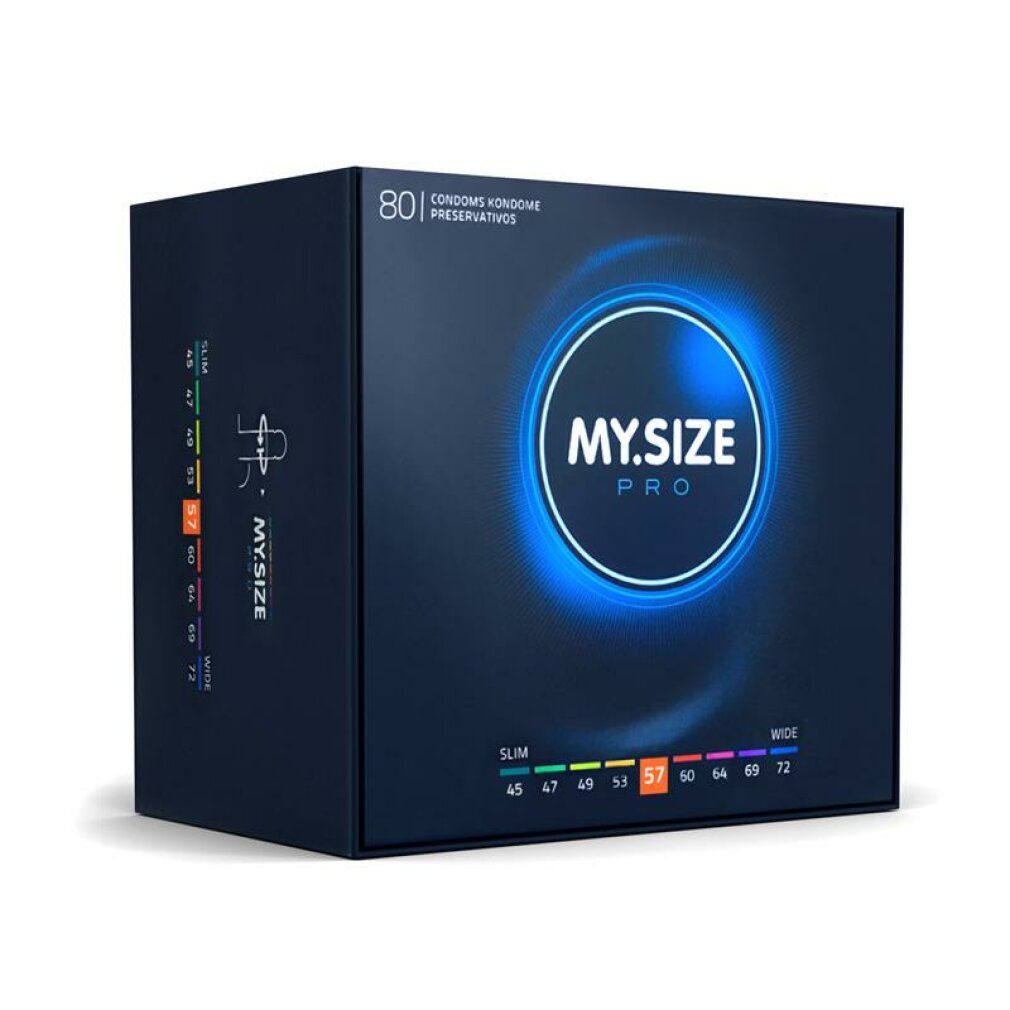 Dunkelblaue Verpackung mit "MY.SIZE PRO" Logo. Enthält 80 Kondome. Größenangaben von 45 bis 72 mm. Aufdruck "80 Condoms".