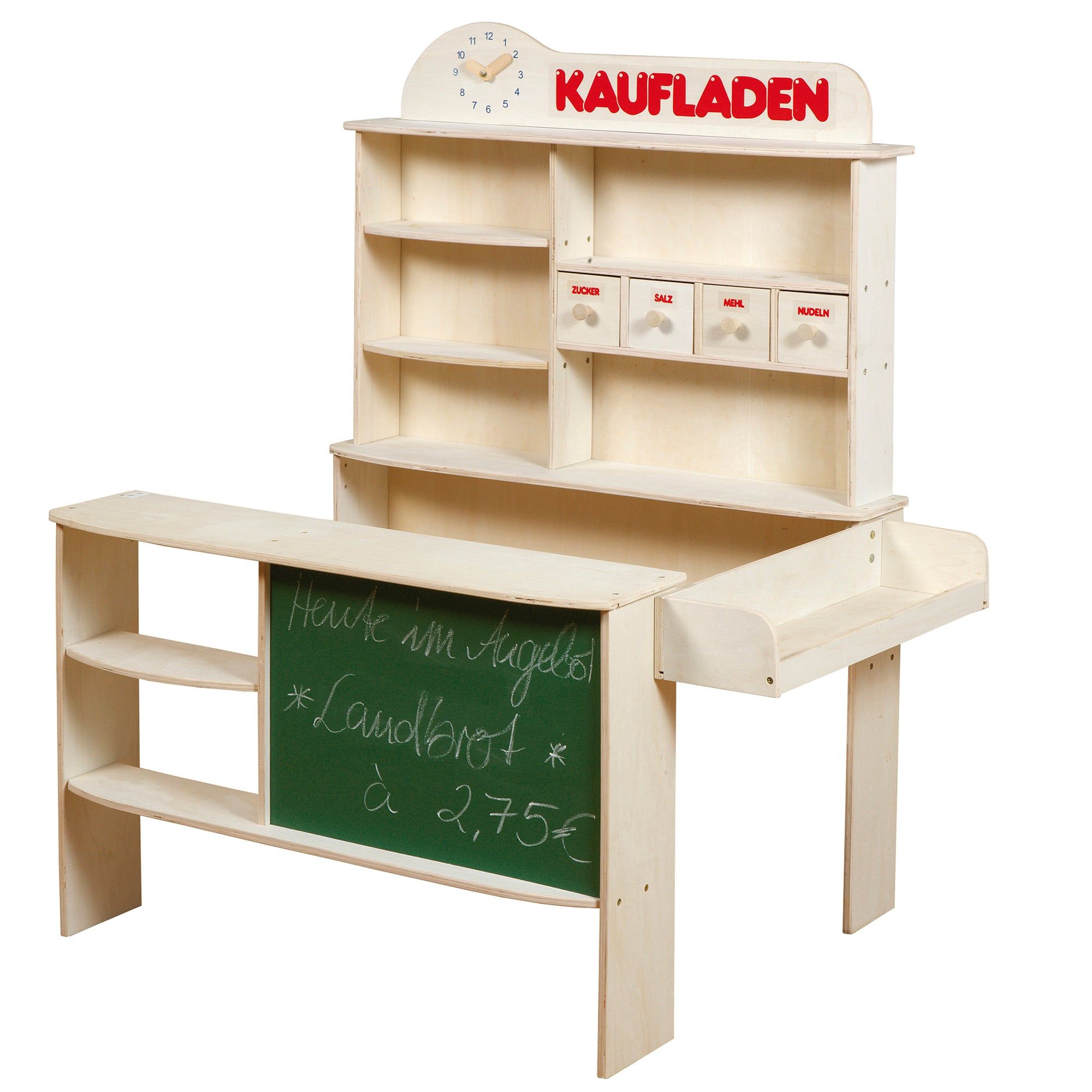 Holz-Verkaufsstand mit Regalen, Schubladen und Tafel. Aufschrift 'KAUFLADEN' in Rot. Uhr und Kreidetafel mit Angebot.