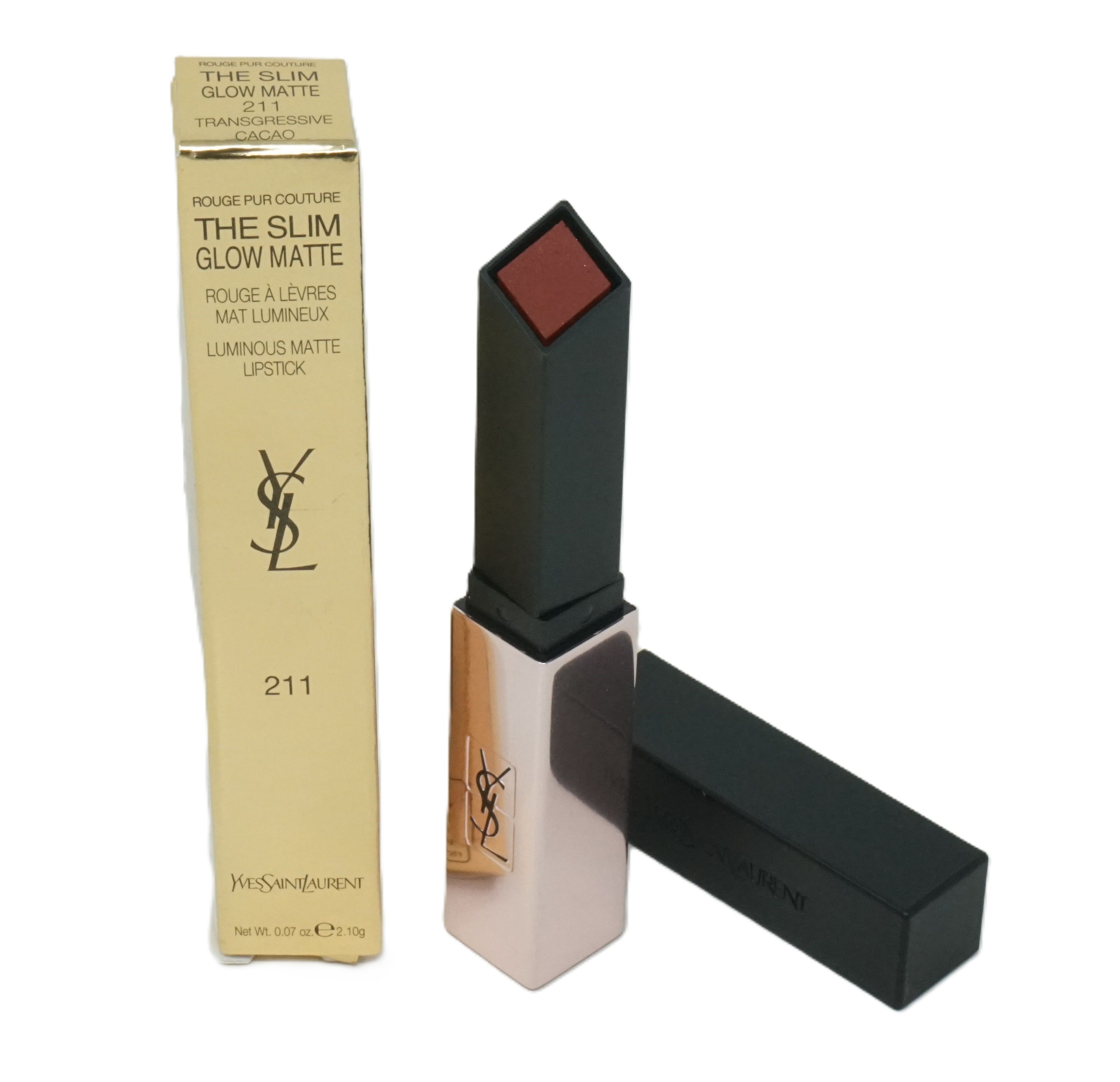 Lippenstift mit goldener Verpackung. Schwarzer Lippenstift-Halter, geöffnet. Aufschrift: Yves Saint Laurent, The Slim Glow Matte, 211.