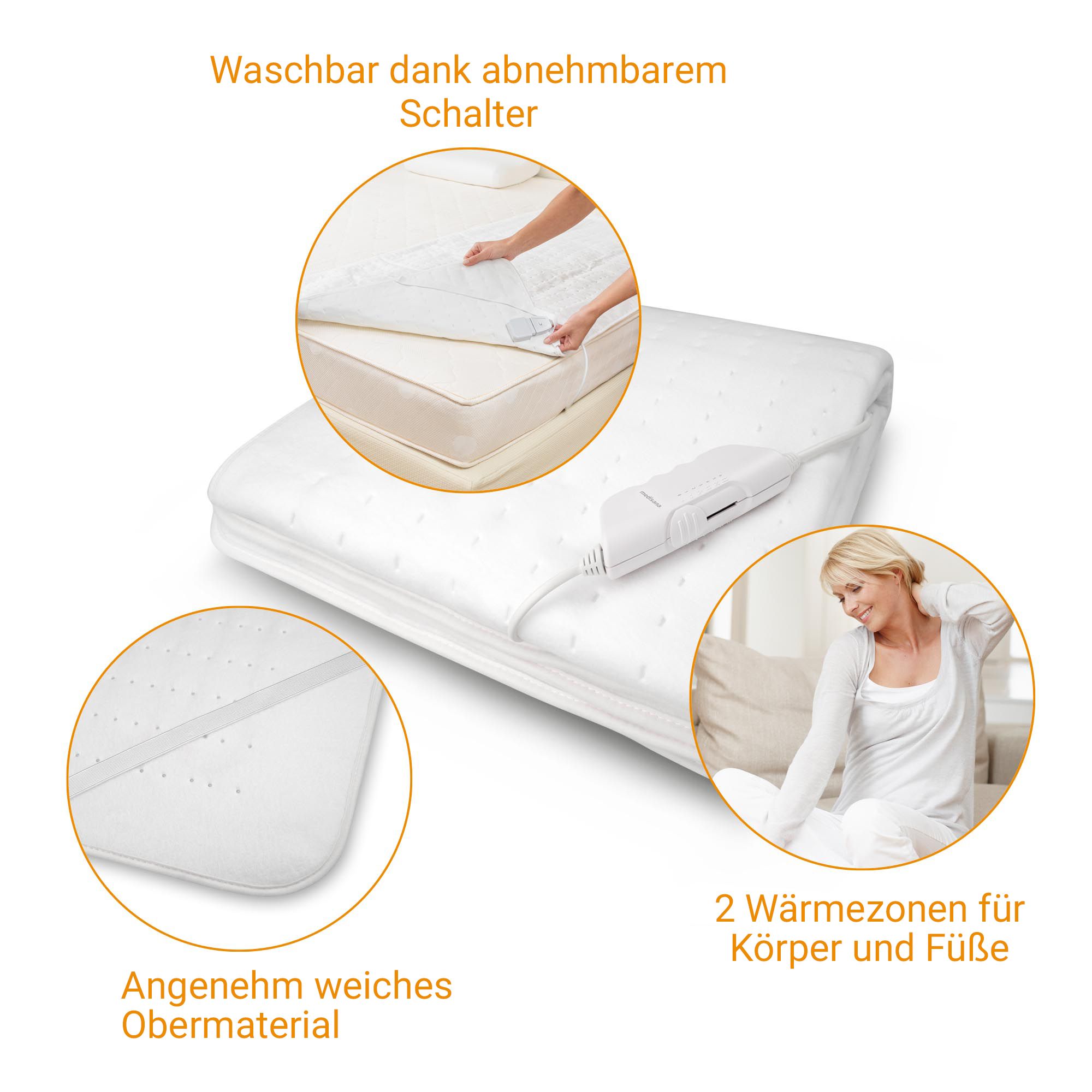 Heizbett mit Details: abnehmbarer Schalter, weiches Obermaterial, 2 Wärmezonen für Körper und Füße.