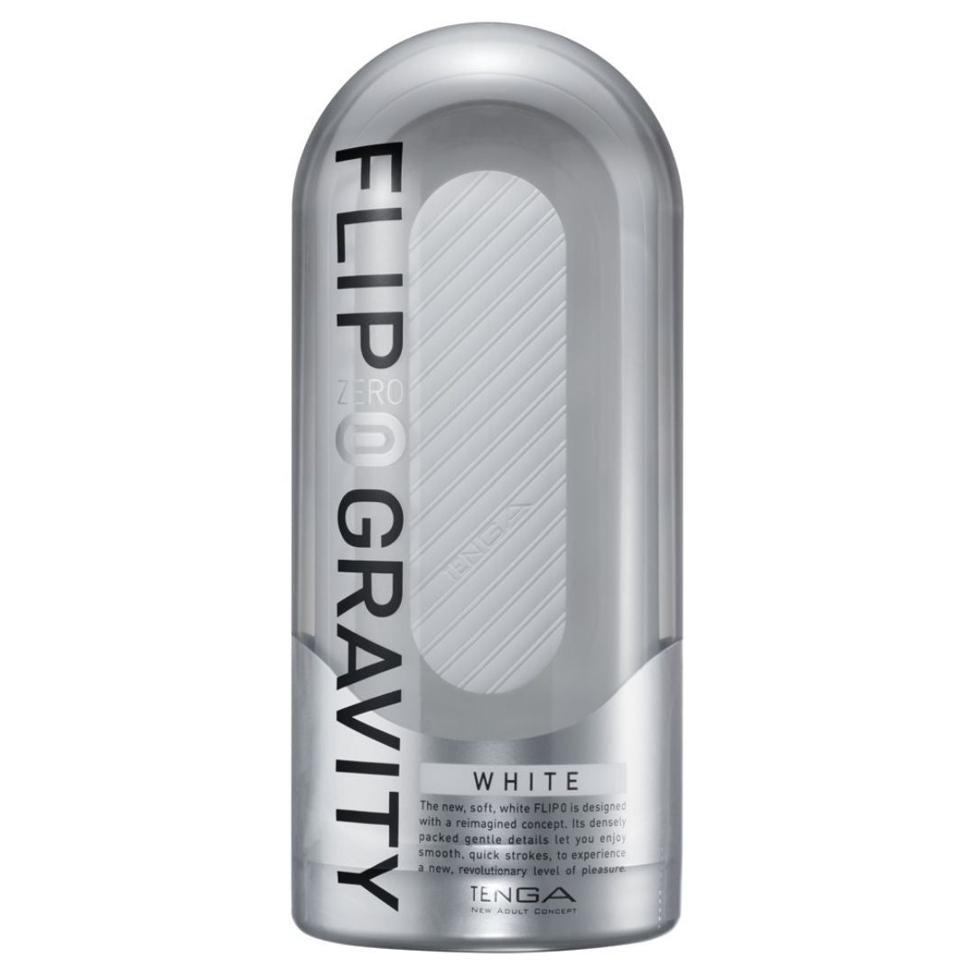 Silberfarbene Verpackung mit dem Produktnamen „FLIP ZERO GRAVITY WHITE“. Text und Logo TENGA.