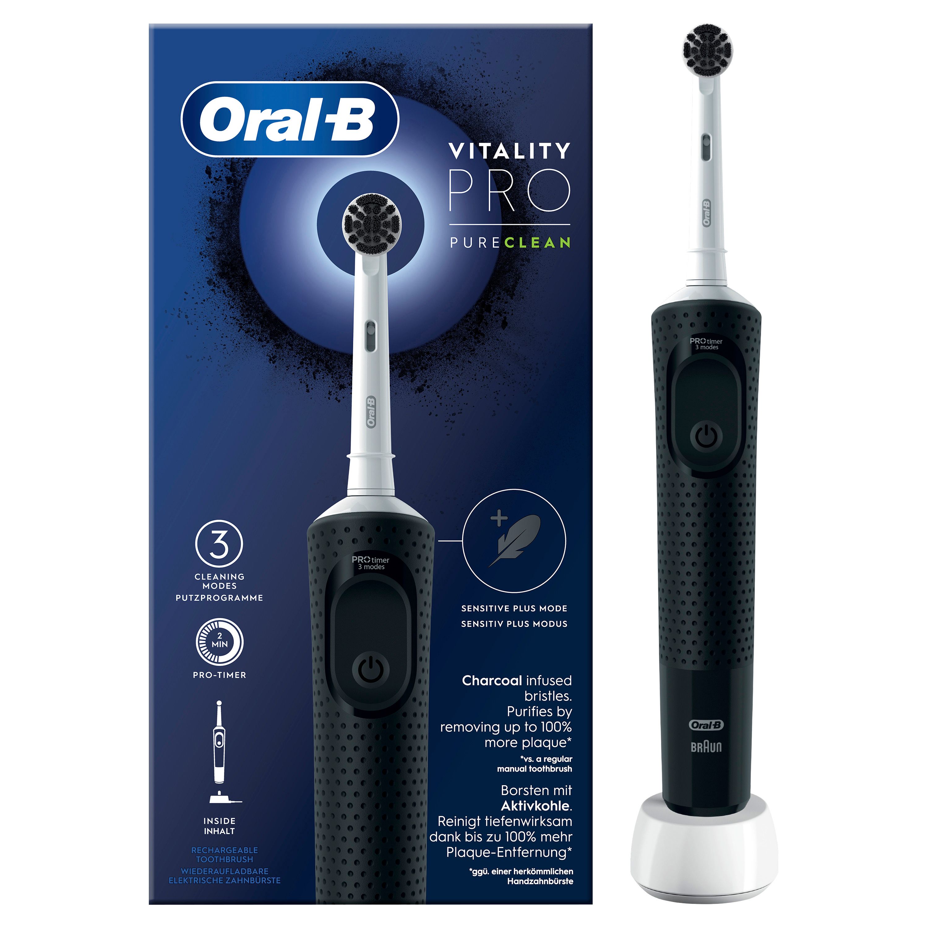 Elektrische Zahnbürste, schwarz, mit Ladestation und Verpackung. Auf der Verpackung: Oral-B, Vitality Pro PureClean, 3 Reinigungsmodi.