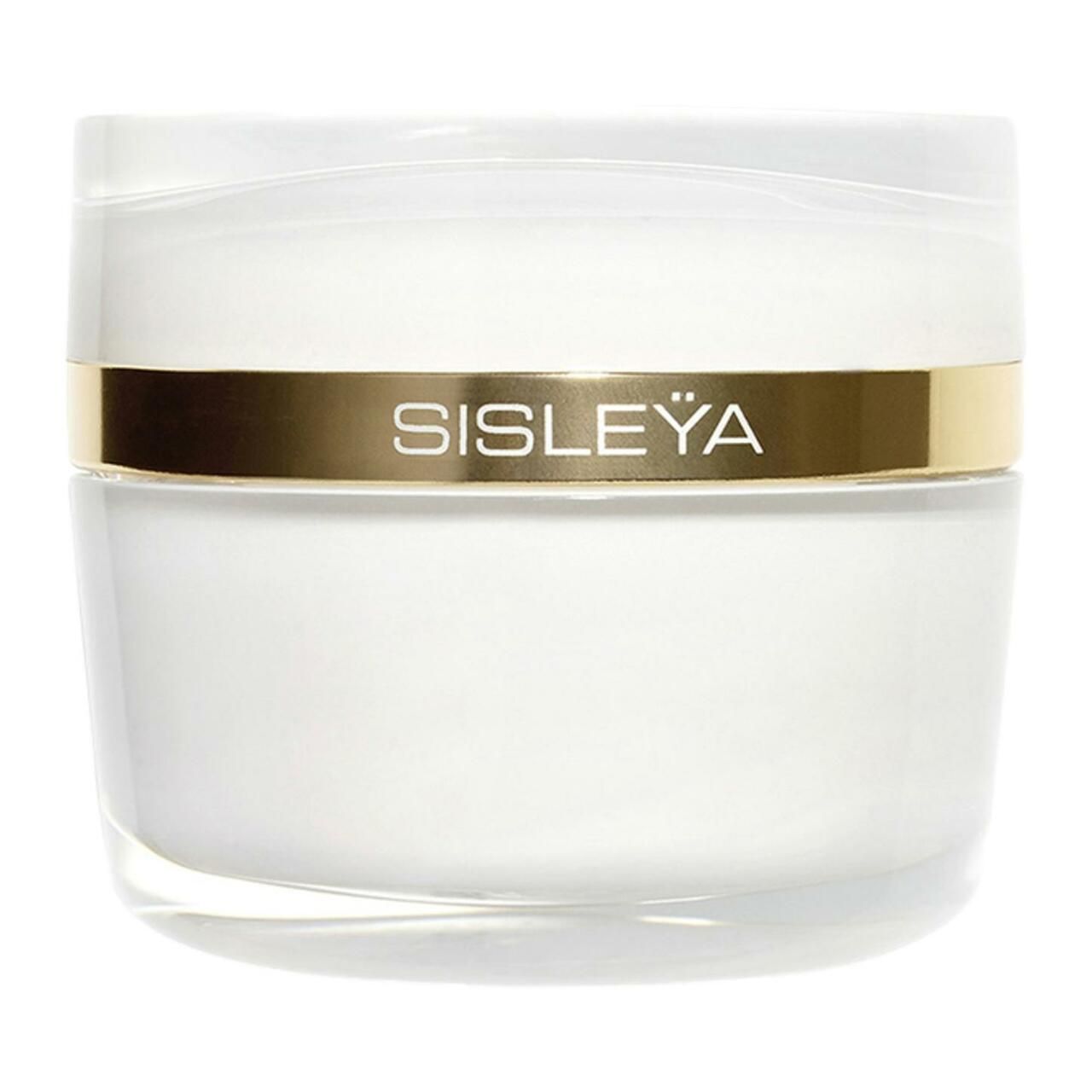 Creme-Tiegel mit goldfarbenem Band und Schriftzug SISLEYA. Weißes Produkt in einem transparenten Behälter.