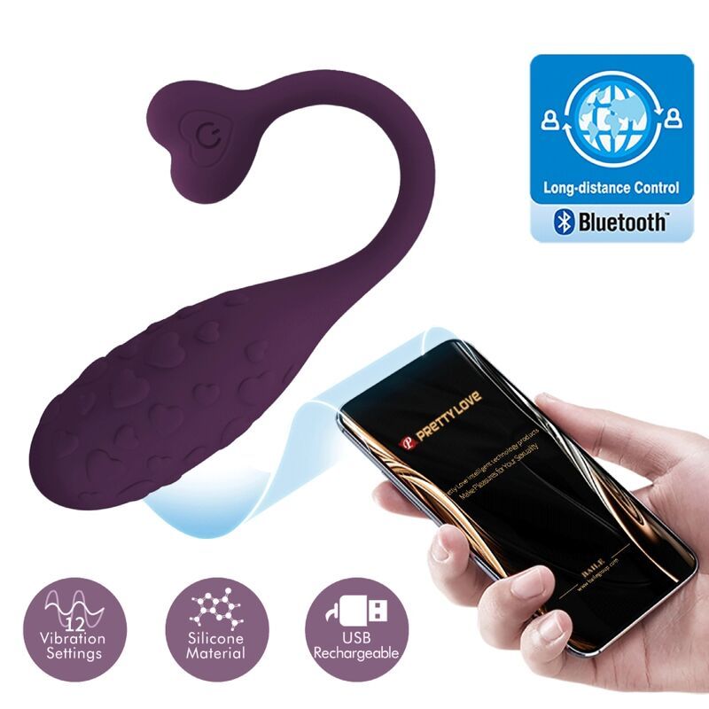 Lila Ei-förmiges Produkt mit Herz-Form am Ende. Smartphone mit App-Steuerung. Bluetooth-Logo.
