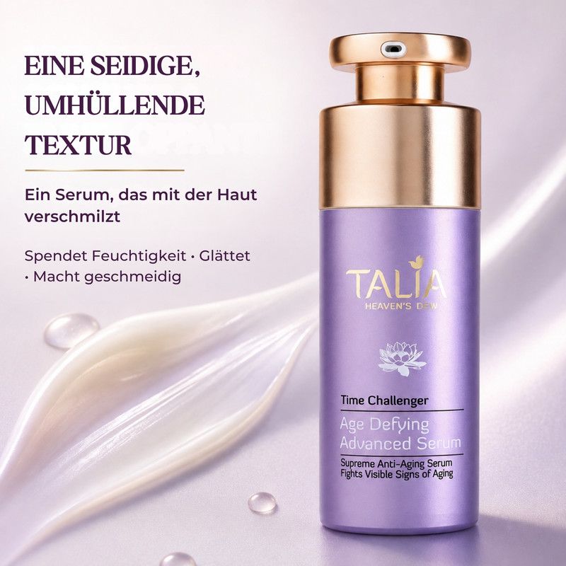 Lila Flakon mit goldenem Pumpspender, Talia Age Defying Advanced Serum.