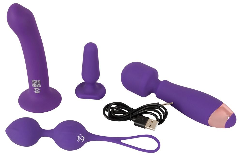 Vibrator, Dildo, Butt Plug und Liebeskugeln. Alle Produkte sind lila. Ein USB-Ladekabel ist ebenfalls enthalten.