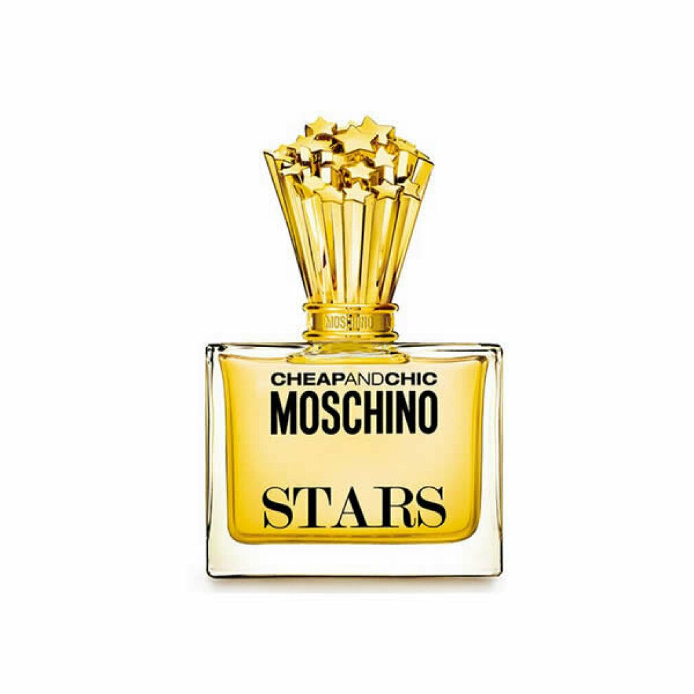 Moschino Stars Eau de Parfum. Eckiger Flakon mit goldfarbenem Verschluss in Sternform. Aufschrift: CHEAPANDCHIC MOSCHINO STARS.