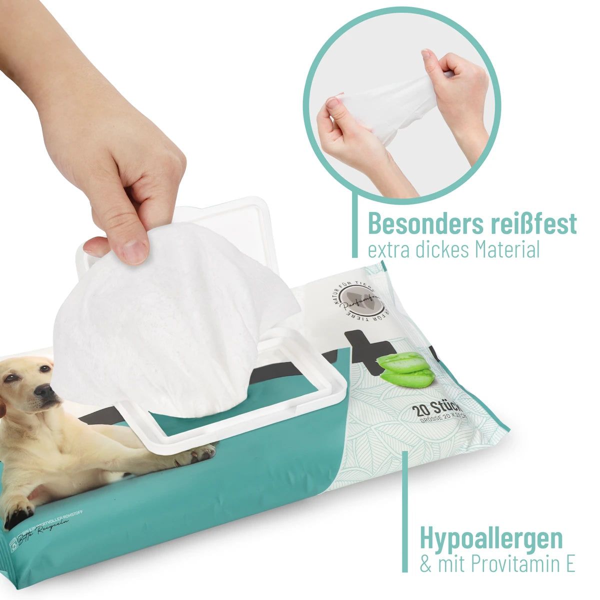 Hand entnimmt eine Feuchttuch aus der Verpackung. Text: Besonders reißfest, extra dickes Material. Text: Hypoallergen & mit Provitamin E.