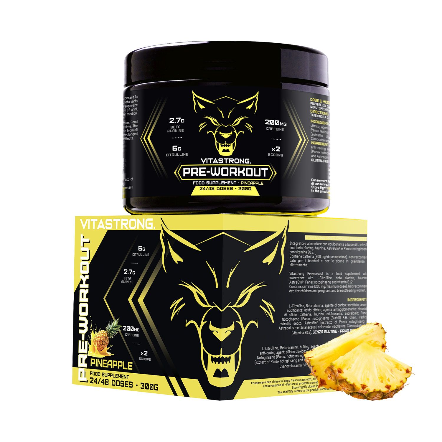 Schwarze Dose und Schachtel mit gelben Akzenten. Aufschrift: Vitastrong Pre-Workout. Ananas-Geschmack. 300g.