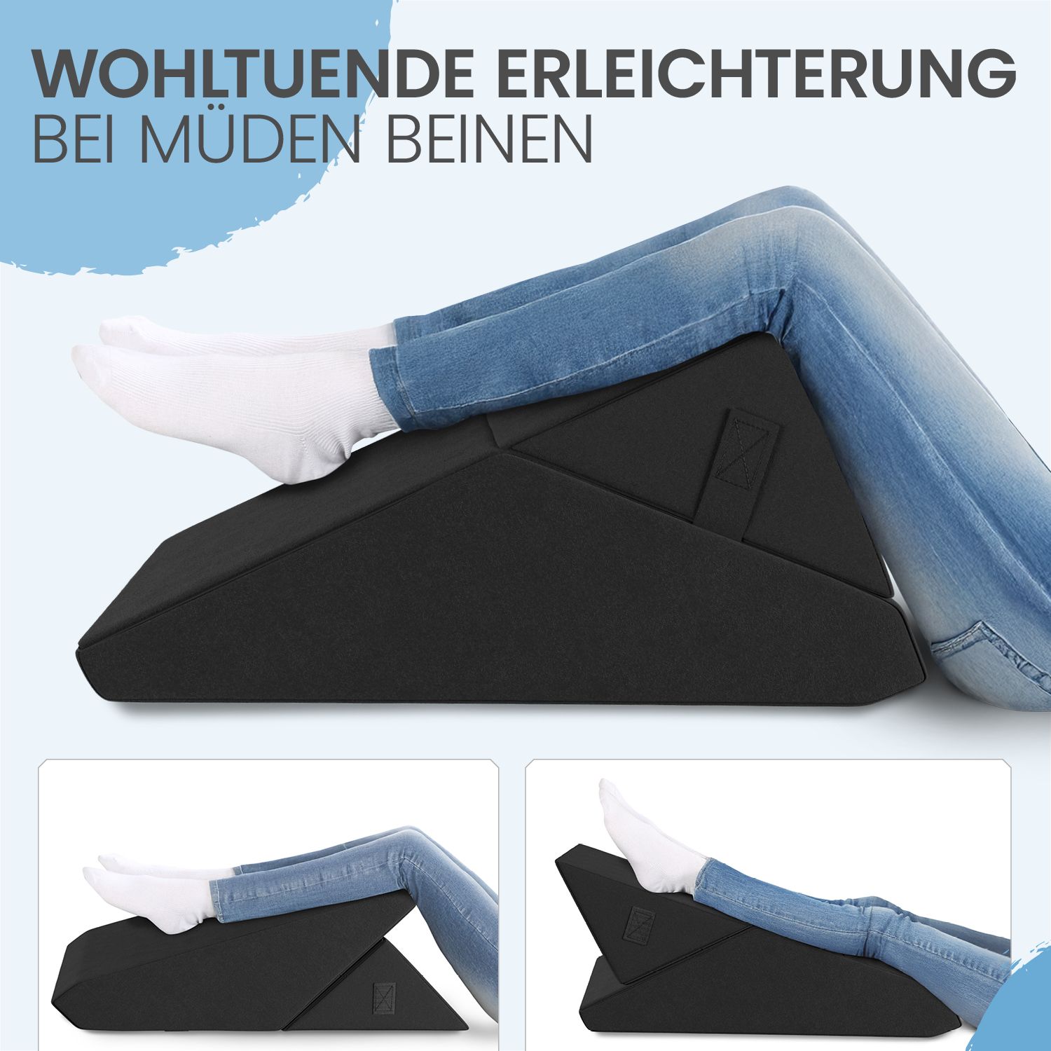 Schwarzes Keilkissen, Füße auf dem Kissen. Text: Wohltuende Erleichterung bei müden Beinen.