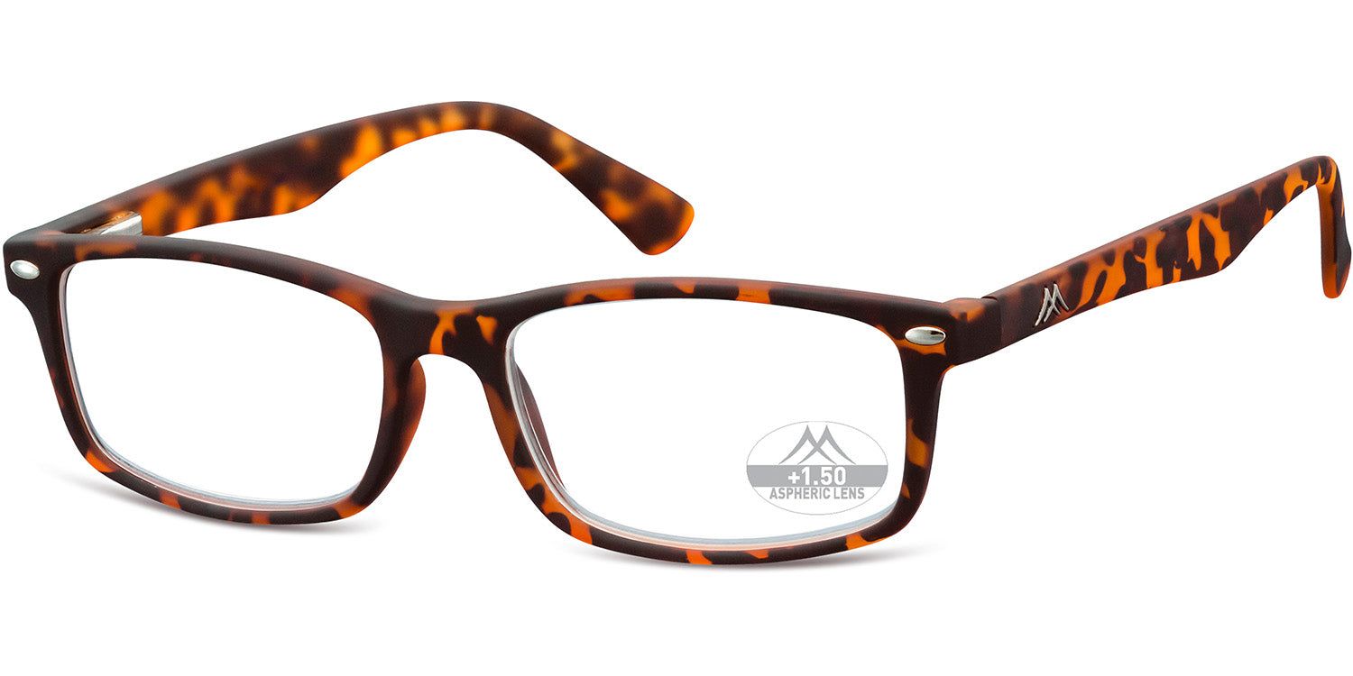 Brille mit braunem Gestell und Gläsern. Auf dem Glas ist eine Kennzeichnung mit +1.50. Bügel mit Logo.