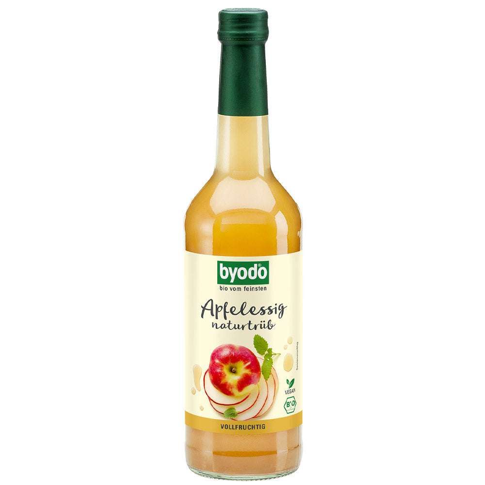 Glasflasche mit grünem Verschluss. Etikett mit Apfelessig-Aufschrift und Apfel-Illustration. Bio-Siegel.