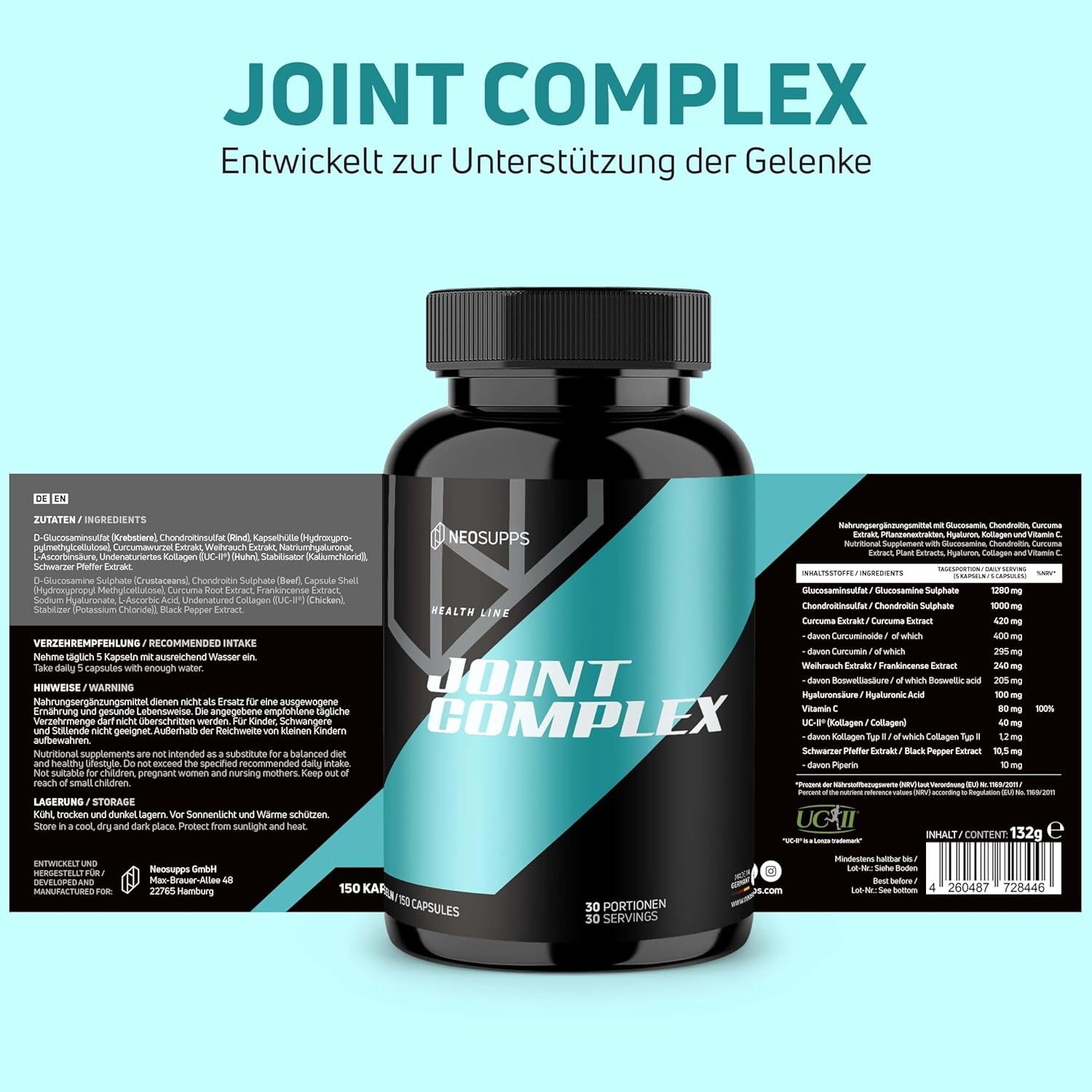 Schwarze Flasche "JOINT COMPLEX" mit geöffneten Etiketten. Inhaltsstoffe und Verzehrempfehlung sind sichtbar.