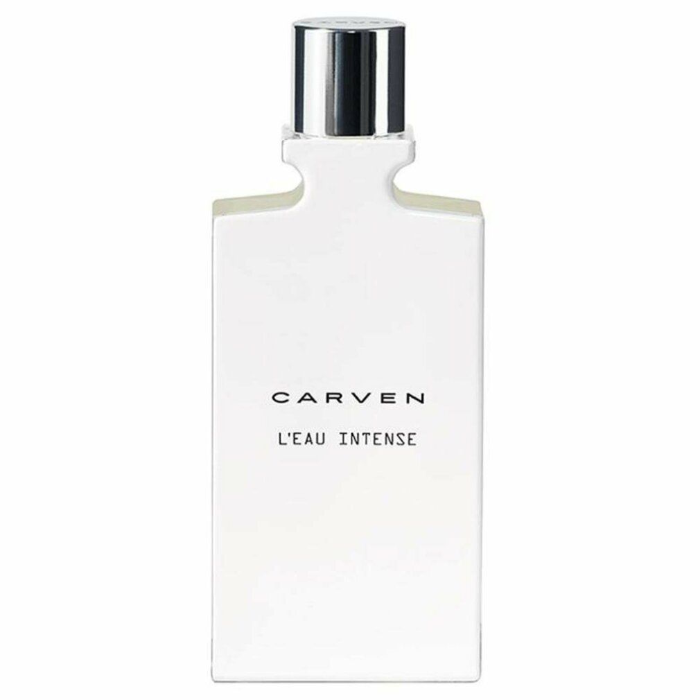 Weißer Flakon mit silbernem Verschluss. Aufschrift: CARVEN, L'EAU INTENSE.