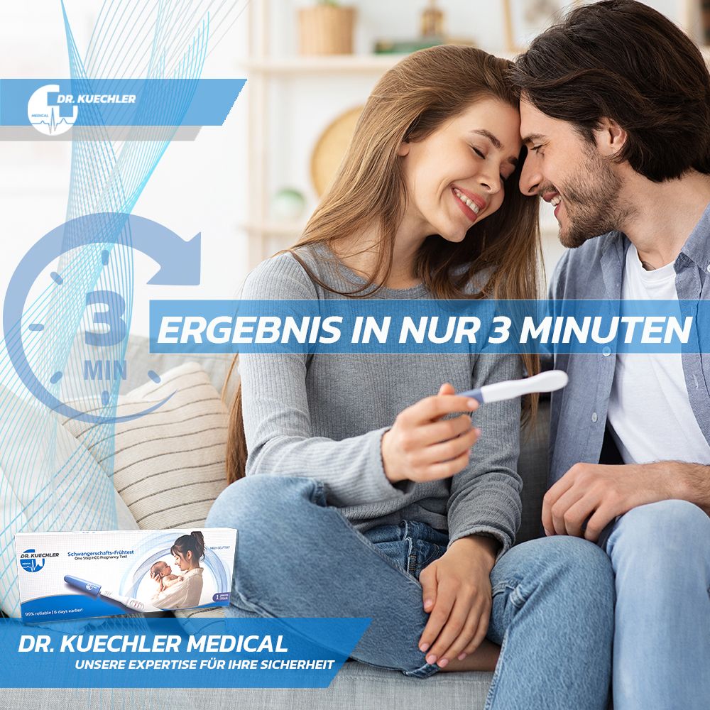 Glückliches Paar hält Schwangerschaftstest. "Ergebnis in nur 3 Minuten".
