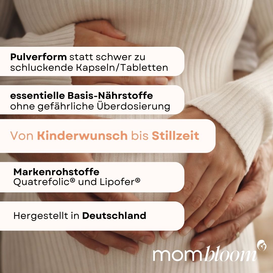 Textabschnitte mit Informationen zu Inhaltsstoffen und Herkunft. mombloom® Logo.