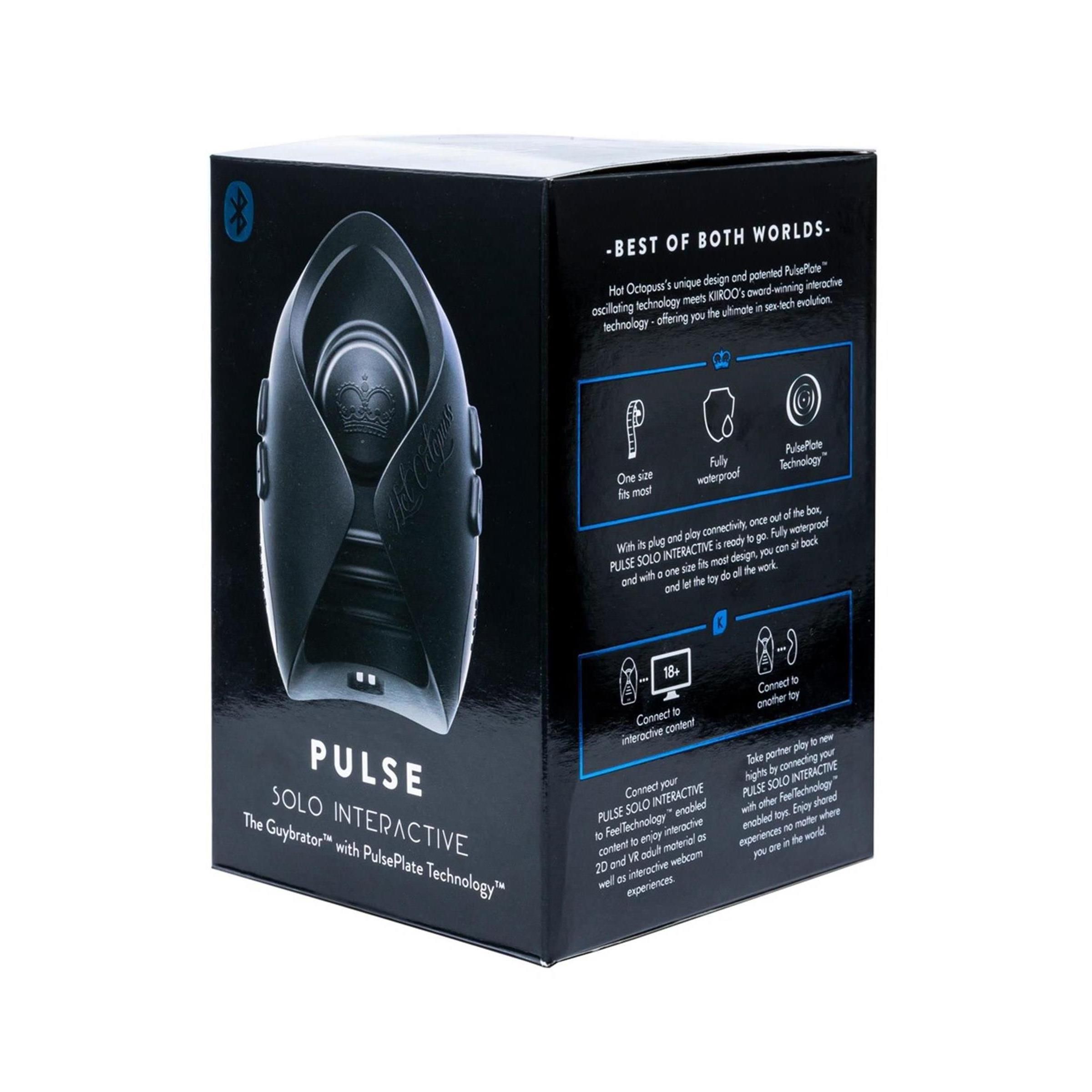 Schwarze Produktverpackung. Aufschrift: PULSE SOLO INTERACTIVE. Text und Icons. Bluetooth-Logo. Produktname und Technologie.