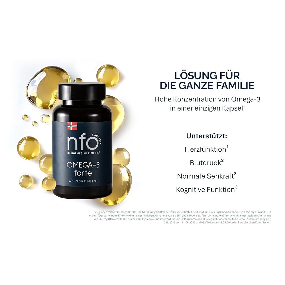 Flasche mit Omega-3-Kapseln und Öltropfen. Text: Lösung für die ganze Familie. Hohe Konzentration.